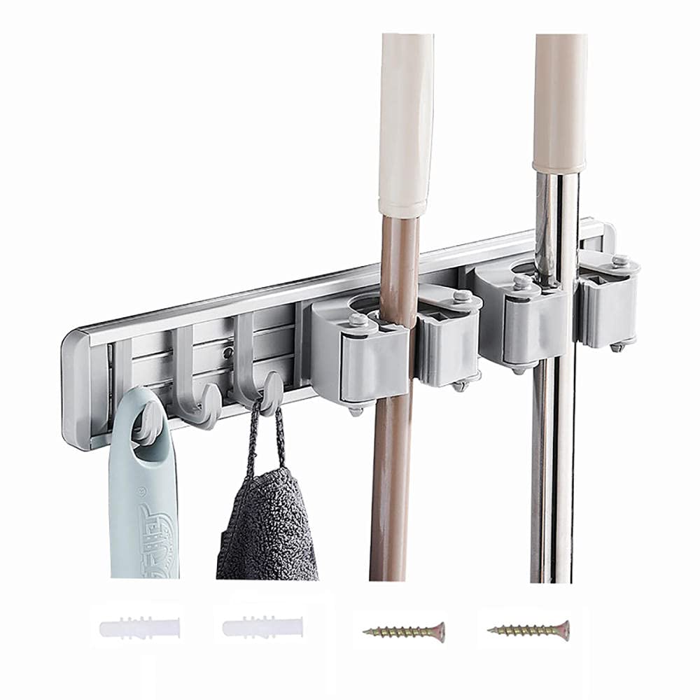 Stainless Steel Wall Mounted Broom Holder with 2 Racks & 3 Hooks - Space Saving Broom Organizer for Kitchen, Closet, Garage, Garden Tool Storage - Grey (1 Pack) - Perfect for Home Organization and Cleaning Tool Storage