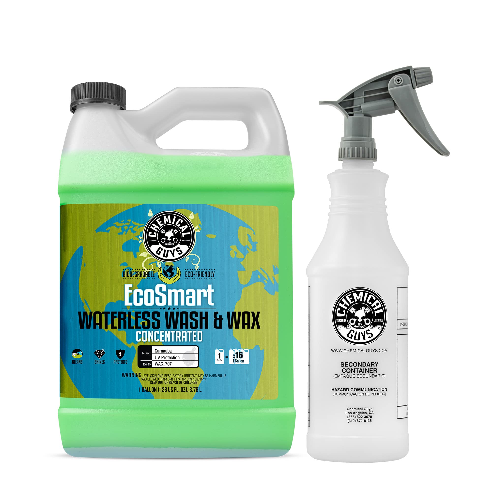 Chemical Guys WAC_707 EcoSmart Hyper Concentrated Waterless Car Wash & Wax (1 Gallon) with ACC_130 Chemical-Resistant Heavy Duty Spray Bottle (32 oz) - Perfect for Quick Car Detailing, RV Cleaning & Mobile Auto Care