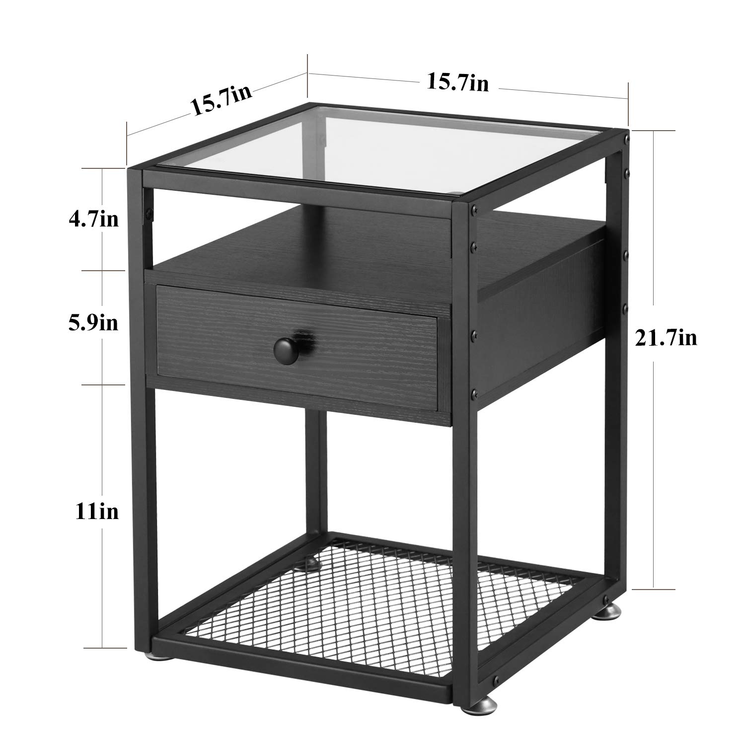 Modern Nightstand with Glass Top - 66 lb Capacity, Space-Saving Drawer - Sturdy Bedside Table for Bedroom, Living Room & Lounge - Black (1 Set) - Perfect for Small Spaces & Apartment Living