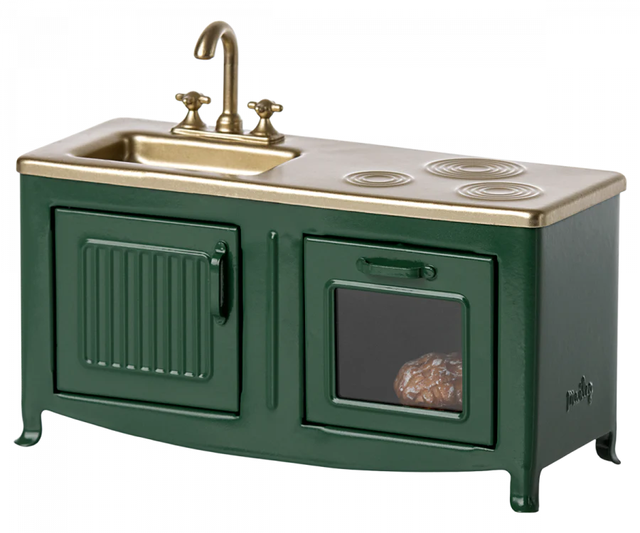 Maileg Miniature Kitchen Playset - Dark Green Mouse Theme | Pretend Play Toy for Kids, Dollhouse Accessories & Collectible Gift