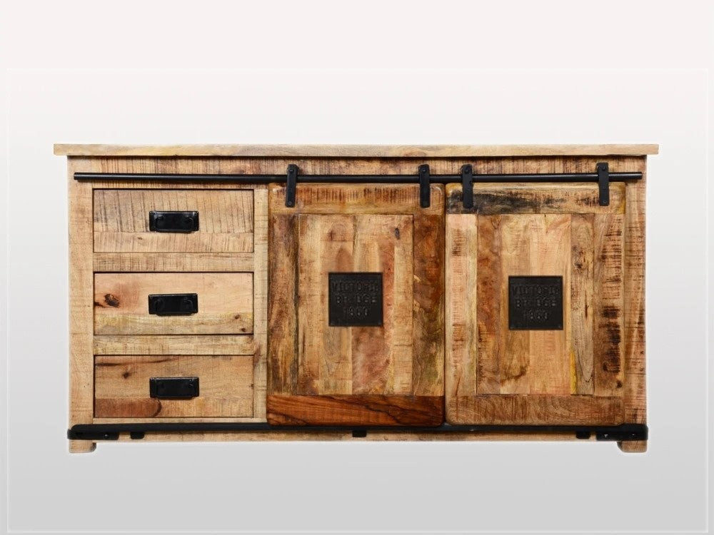 Cromer Industrial Indian Solid Wood 2-Door 3-Drawer Sideboard - Rustic Storage Cabinet for Dining Room, Living Room, or Entryway