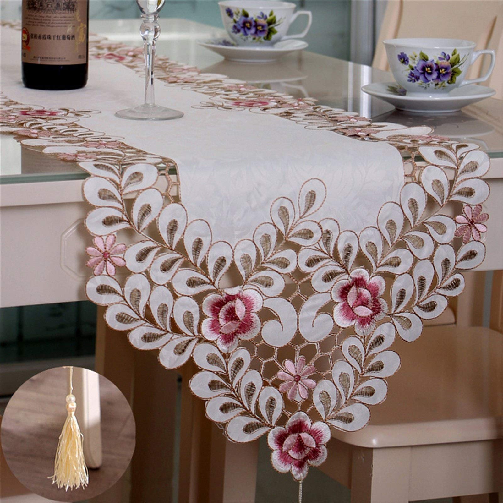 GEIRONV Embroidered Floral Lace Table Runner - 40x220cm Dustproof Table Cover for Wedding, Party & Home Decor - Elegant Dining Table Decoration for Holidays, Banquets & Special Events