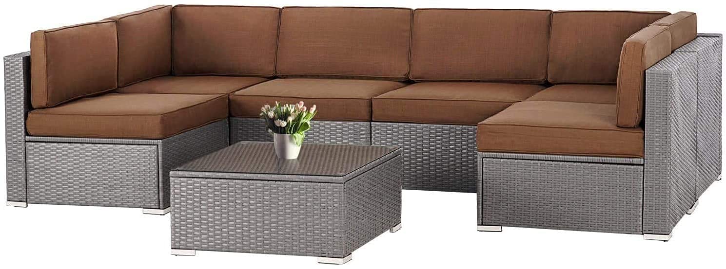 **Crownland Outdoor 7-Piece Patio Furniture Set - All-Weather Gray Rattan Sectional Sofa with Modern Glass Coffee Table & Washable Cushions (Brown) - Perfect for Backyard, Garden, Poolside & Outdoor Lounge**