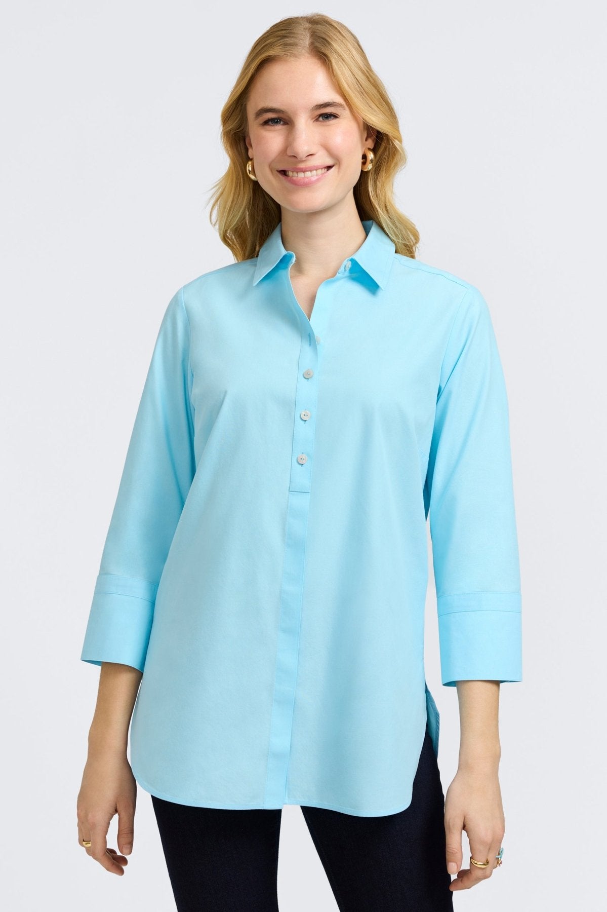 Madison No Iron Pinpoint 3/4 Sleeve Tunic Shirt for Women - Wrinkle-Free Office Wear & Casual Outfits - Perfect for Work, Travel and Everyday Comfort