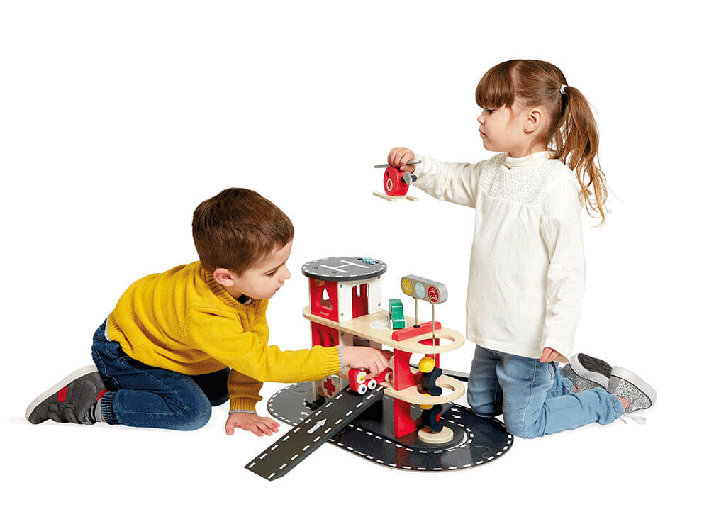 Janod Bolid Fire Station Toy - Wooden Fire Truck Playset for Kids, Pretend Play & Imaginative Learning - Perfect for Preschoolers & Toddlers (Indoor Play, Birthday Gifts, Daycare Activities)