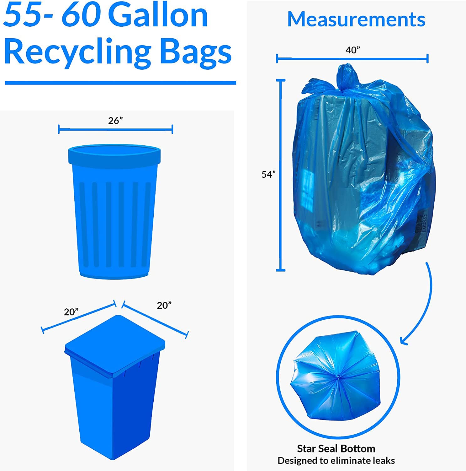 Reliable SuperValue 55-60 Gallon Heavy Duty Recycling Bags | 75 Count | Blue Trash Bags | Made in USA | Perfect for Home, Office & Commercial Waste Disposal
