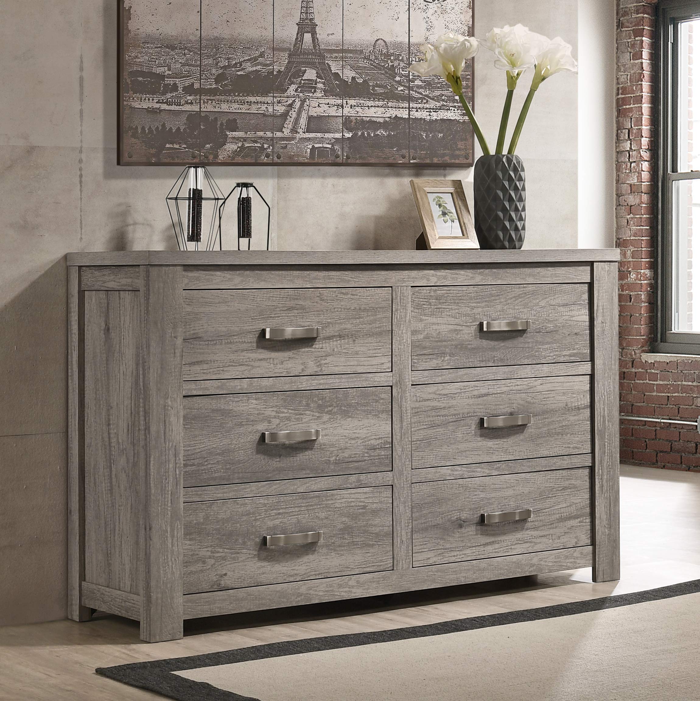 Roundhill Furniture Floren Contemporary Weathered Gray Wood Queen Bedroom Set - Panel Bed, Dresser, Mirror, Nightstand & Chest | Modern Farmhouse Style for Cozy Bedroom Decor