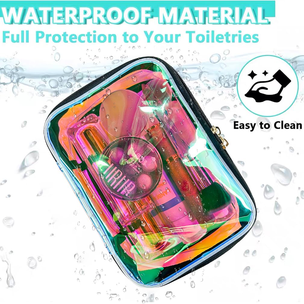 Holographic Pink TPU Makeup Bag - Clear Travel Toiletry Pouch with Zipper, Waterproof Cosmetic Storage for Women | Iridescent Cosmetic Organizer for Travel, Gym, Beach & Everyday Use