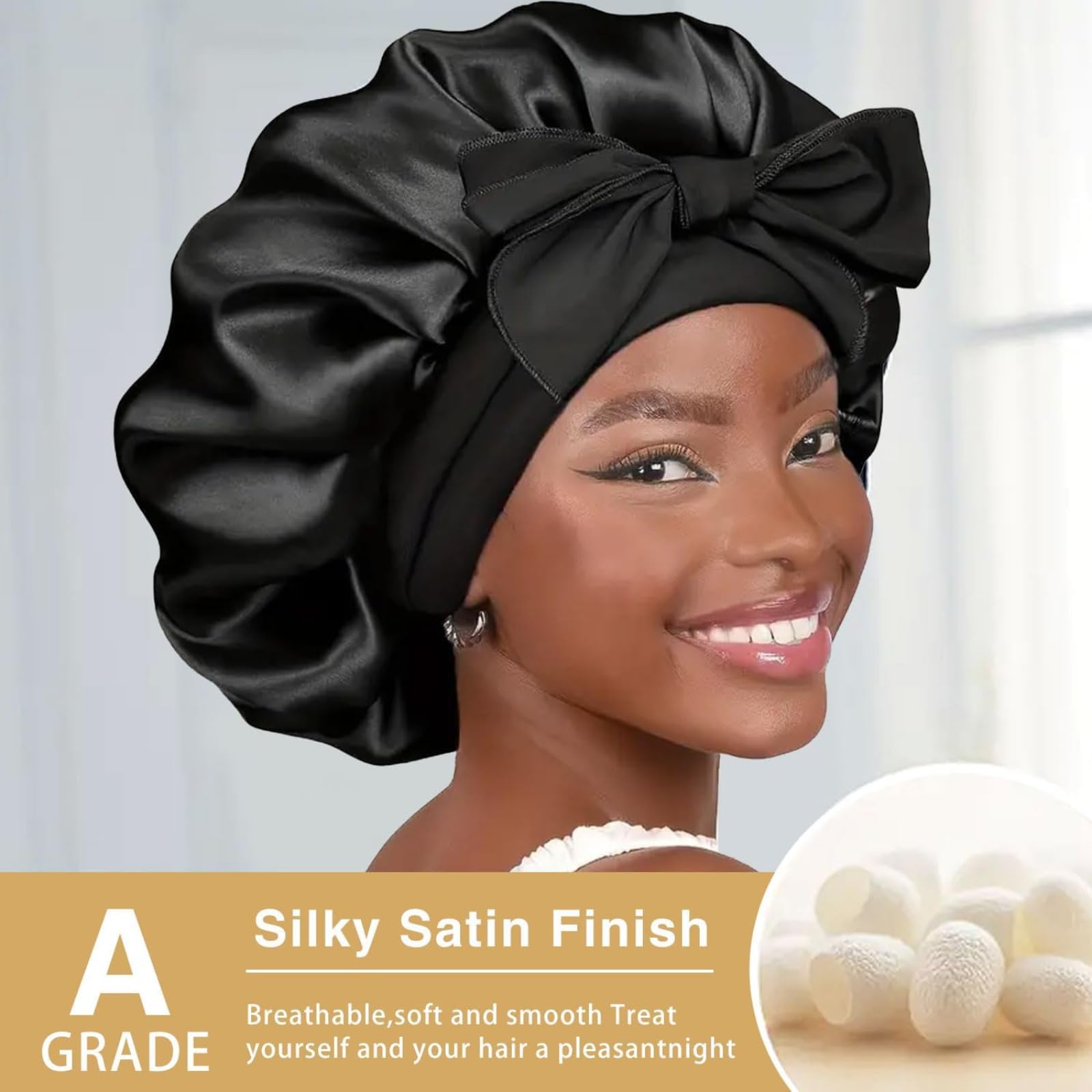 Silk Bonnet for Sleeping - Satin Hair Wrap Cap for Women with Double-Layer & Tie Band - Hair Accessories for Nighttime Protection & Styling - Perfect for Curly, Natural & Protective Hairstyles