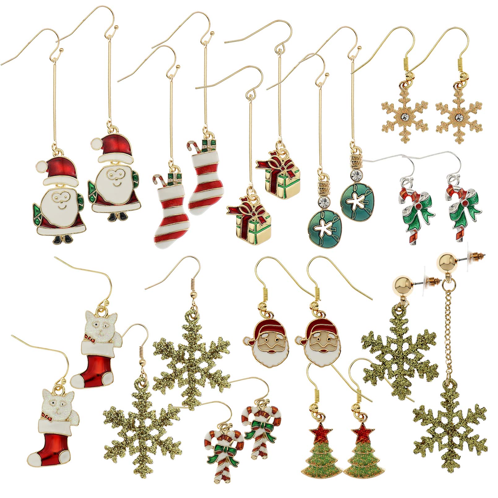 12 Pairs Christmas Drop Dangle Earrings for Women - Snowflake Santa Stocking Candy Cane Tree Holiday Jewelry Set | Perfect Gift for Xmas Party, Festive Outfits & Holiday Celebrations