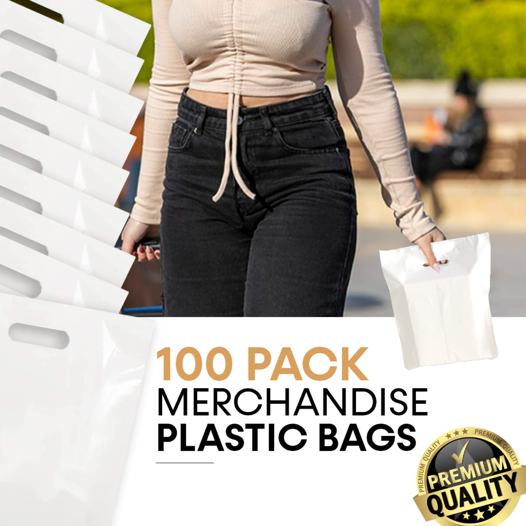 Wholesale Plastic Retail Bags 9x12, 12x15, 15x18 Inches - Durable White Merchandise Store Bags for Shopping, Boutique & Gift Packaging
