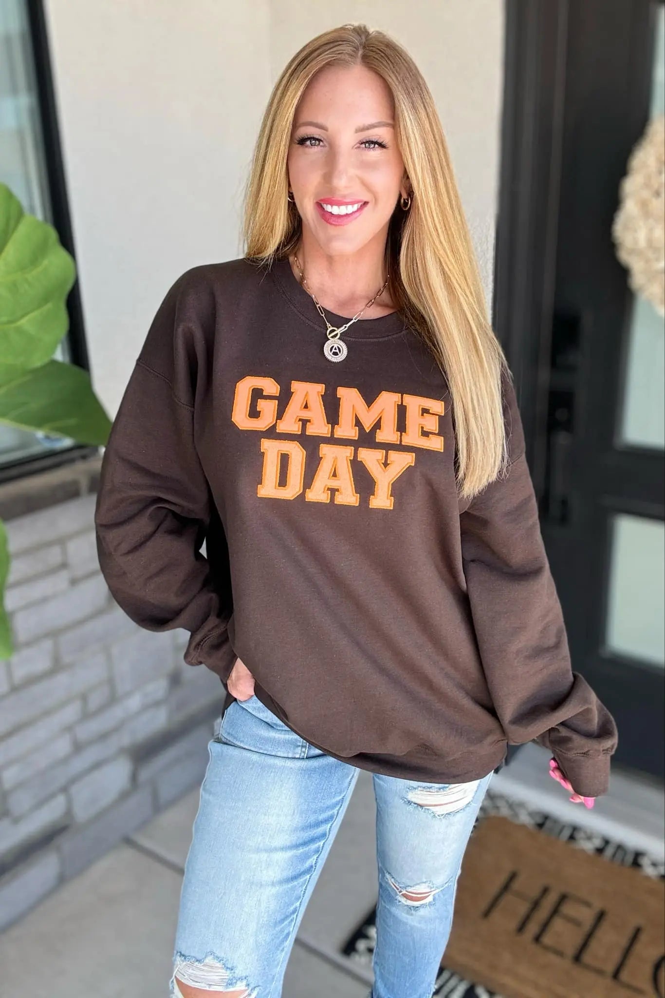 PREORDER: Embroidered Glitter Game Day Sweatshirt - Brown/Orange | College Football Fan Apparel | Perfect for Tailgating & Sports Events