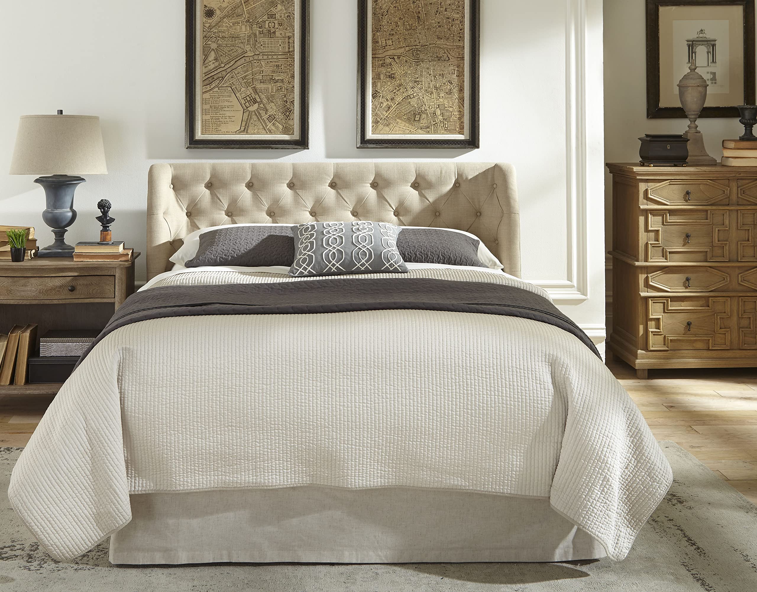 Modus Furniture Solid Wood Queen Size Platform Bed Frame - Levi Toast Linen Upholstered Headboard | Modern Bedroom Furniture for Small Spaces & Guest Rooms