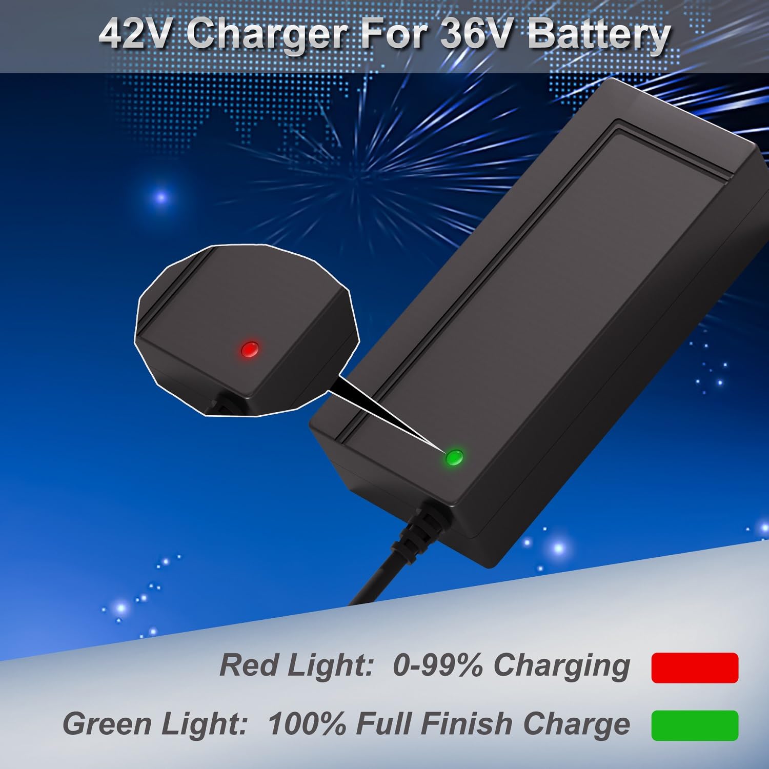 42V 2A Fast Charger for 36V Lithium Battery - Universal Electric Bike Charger with 1-Prong Plug | Compatible with eBikes, Electric Bicycles, Scooters & Pocket Mods | Perfect for Commuting, Outdoor Adventures & Urban Travel