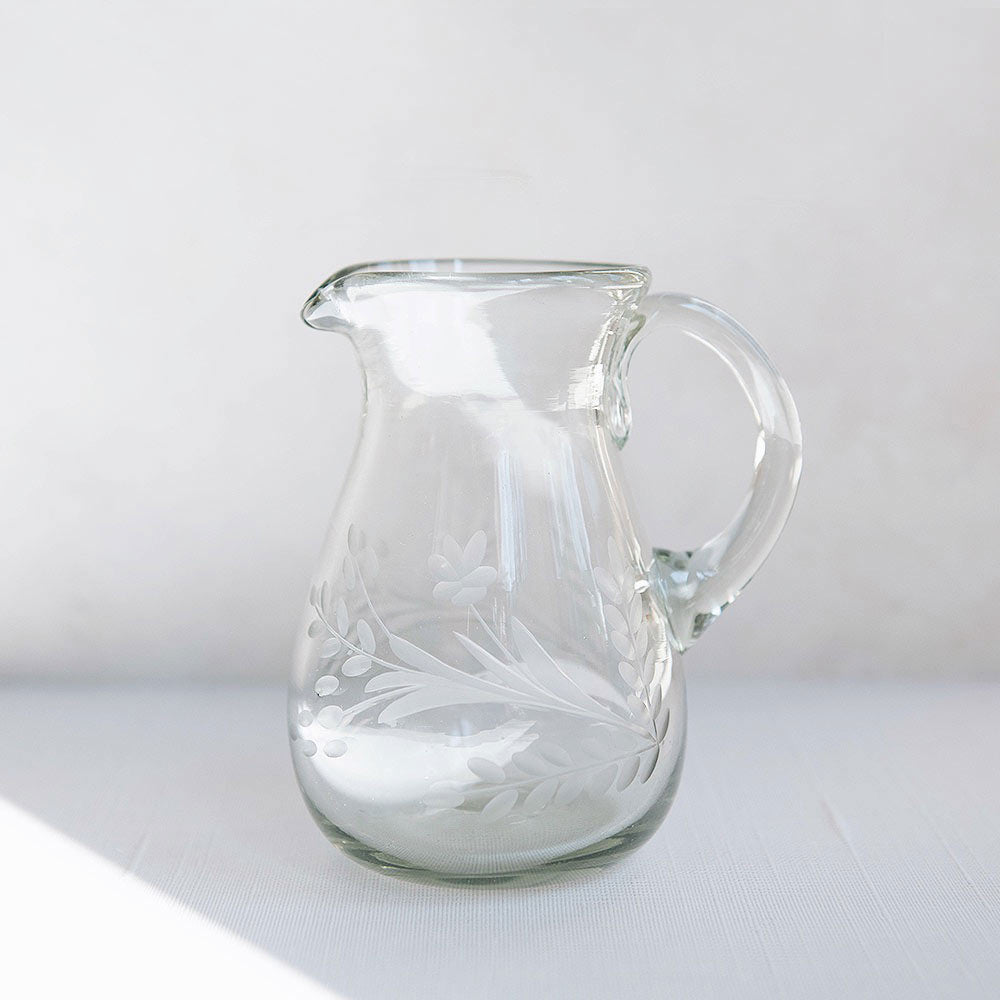 Handcrafted Etched Glass Pitcher for Water & Juice - Elegant Small Pitcher for Tea, Cocktails & Home Decor - Perfect for Entertaining & Gifting