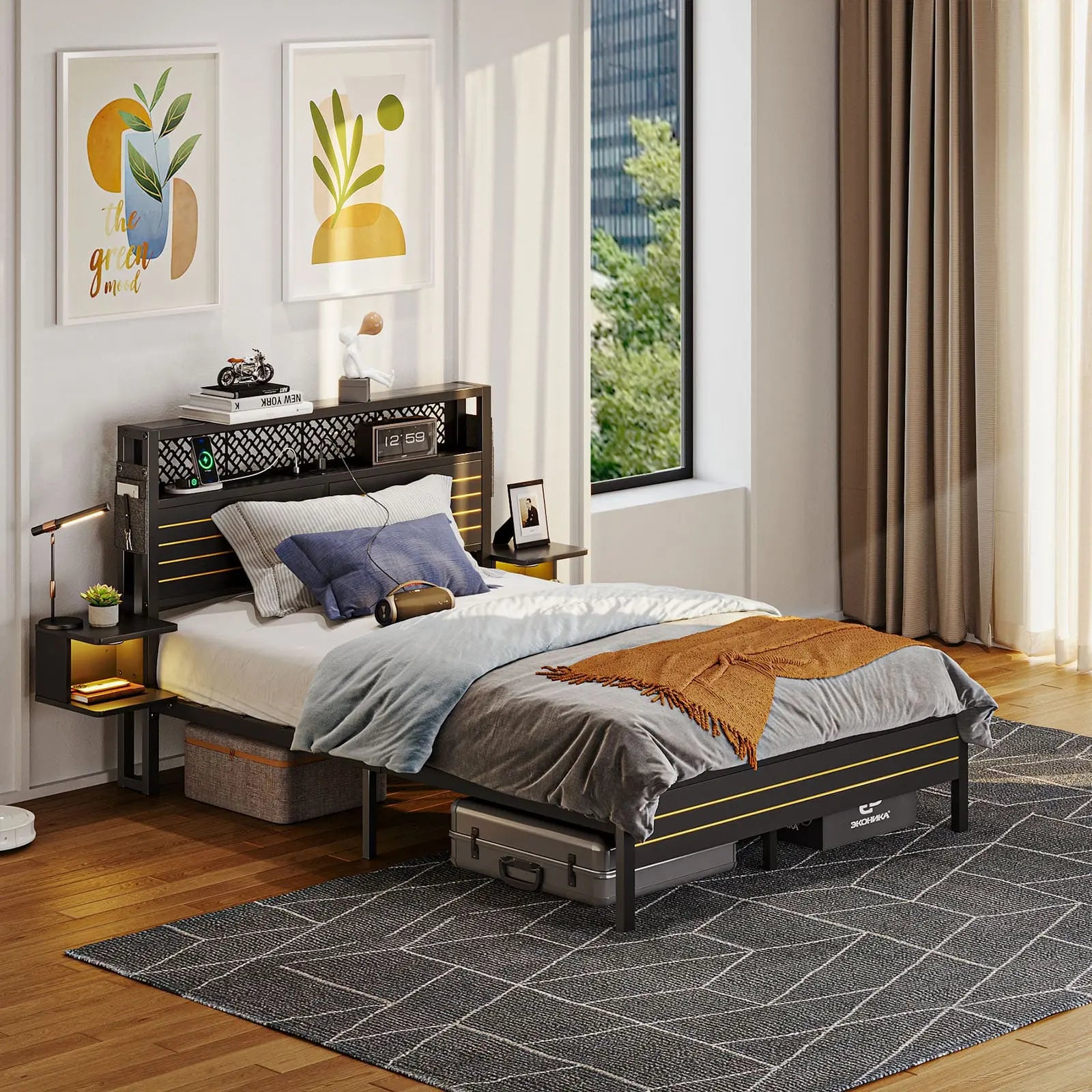 Bestier Full Bed Frame with Horizontal Golden Stripe Storage Headboard - Sturdy Metal Platform Bed with Underbed Storage Space - Perfect for Small Bedrooms, Guest Rooms & Dormitories
