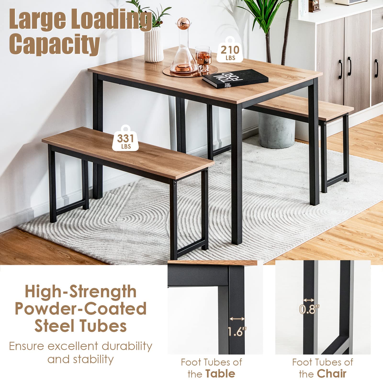 Modern Industrial Dining Table Set for 4 with 2 Benches - 3-Piece Kitchen Table with Metal Frame & Wood Tabletop - Industrial Brown & Black - Perfect for Small Spaces, Apartments, and Modern Farmhouse Dining Rooms