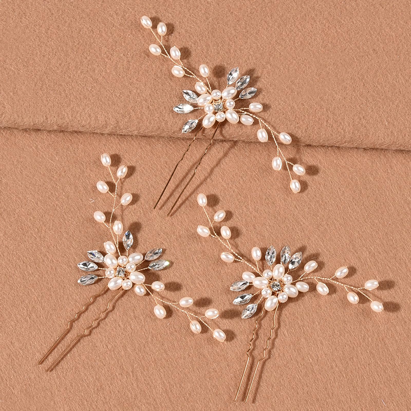 3 PCS SONGQEE Pearl Flower Crystal Bridal Hair Pins - Rhinestone Wedding Hair Clips for Bride & Bridesmaids, Bobby Pins & Headpiece Accessories (Perfect for Weddings, Prom, Parties & Special Occasions)