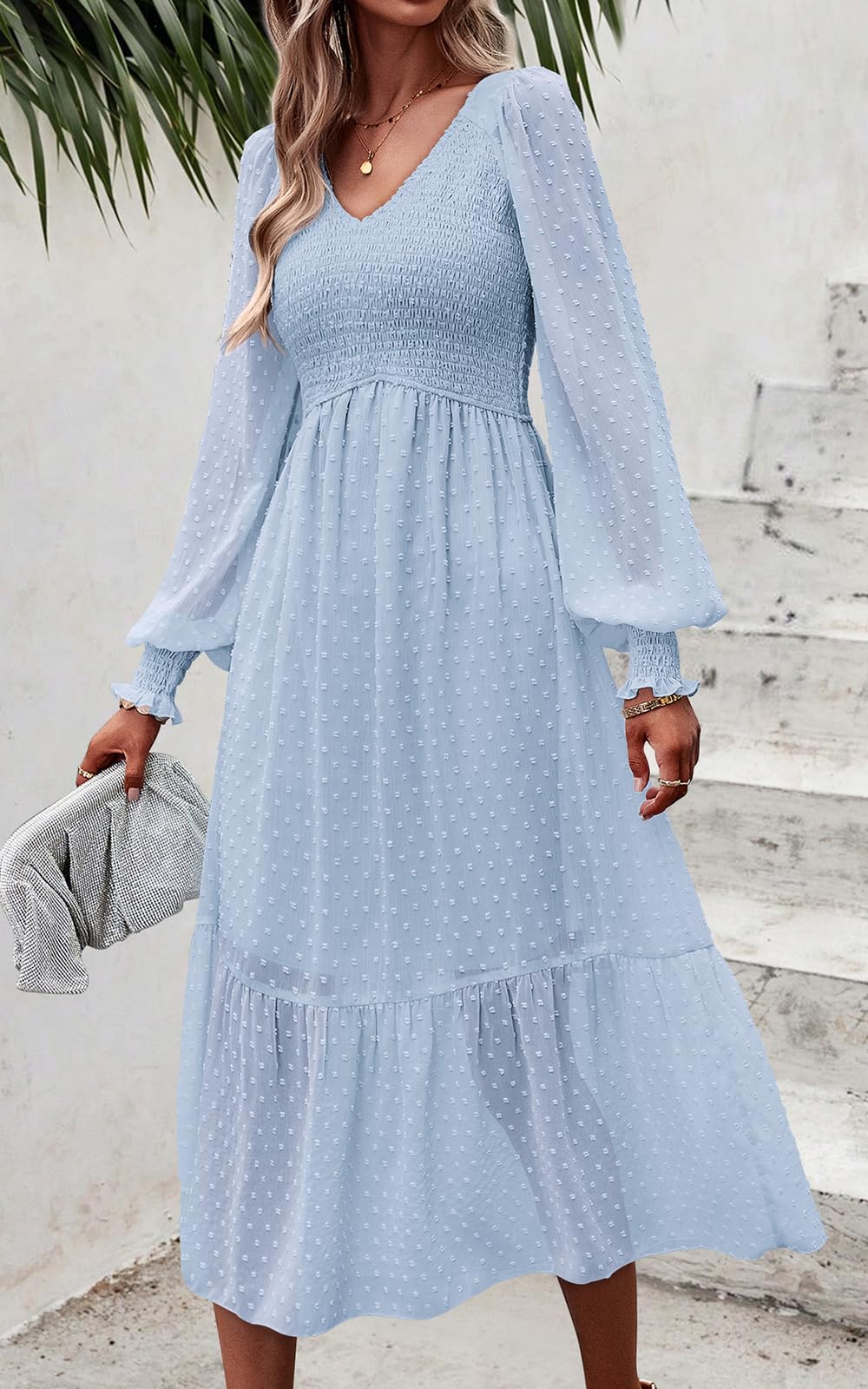 PRETTYGARDEN Women's Floral Swiss Dot Chiffon Dress 2025 - Long Sleeve V-Neck Empire Waist Ruffled Midi Dress for Spring | Perfect for Weddings, Parties & Office Wear