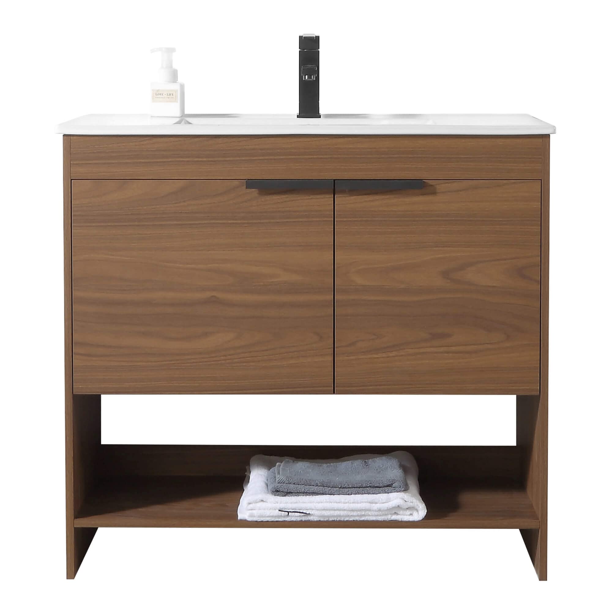 Fine Fixtures Phoenix 36 Inch Modern Bathroom Vanity with Sink - Soft-Close Doors & Storage Drawers - Durable Walnut Vanity for Small Bathrooms (Full Assembly Required) - Perfect for Apartments, Guest Bathrooms & Powder Rooms