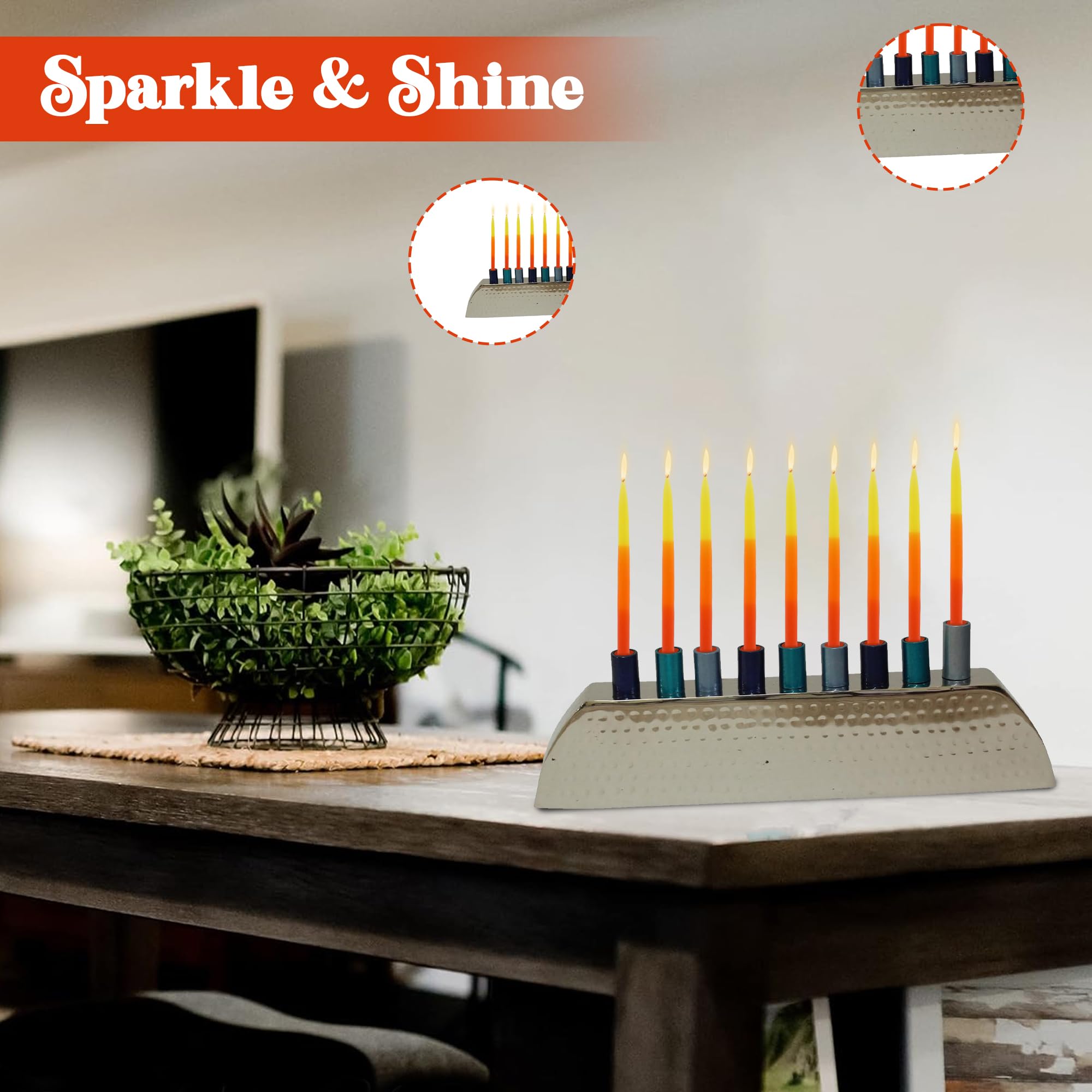 Majestic Giftware Aluminum Nickel-Plated Hanukkah Menorah with Gold Hammered Finish & Blue Cups (MN11128-BL) - 3