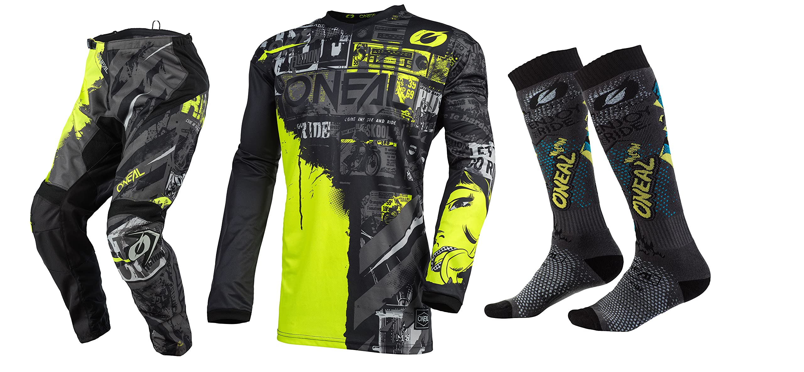 Oneal Element Ride Yellow Jersey Pant Socks Combo Set - Mountain Bike MTB Motocross Racing Gear for Men - Perfect for Trail Riding & Dirt Bike Adventures