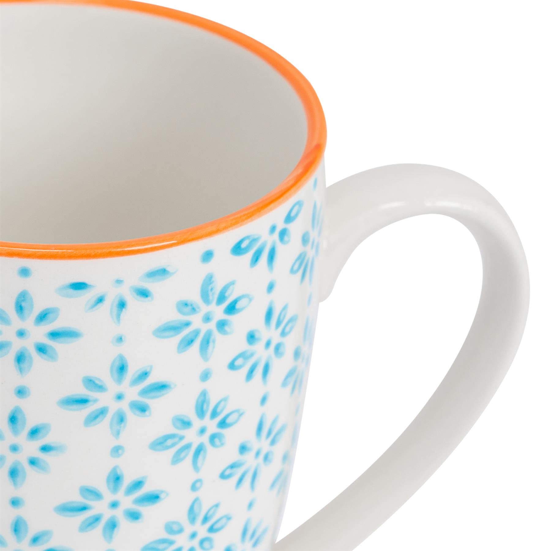 Nicola Spring Hand-Printed Porcelain Mug Set - 6 Pack 330ml Coffee & Tea Cups in Navy, Orange & Blue - Perfect for Home Kitchens, Cafes, Restaurants & Office Use