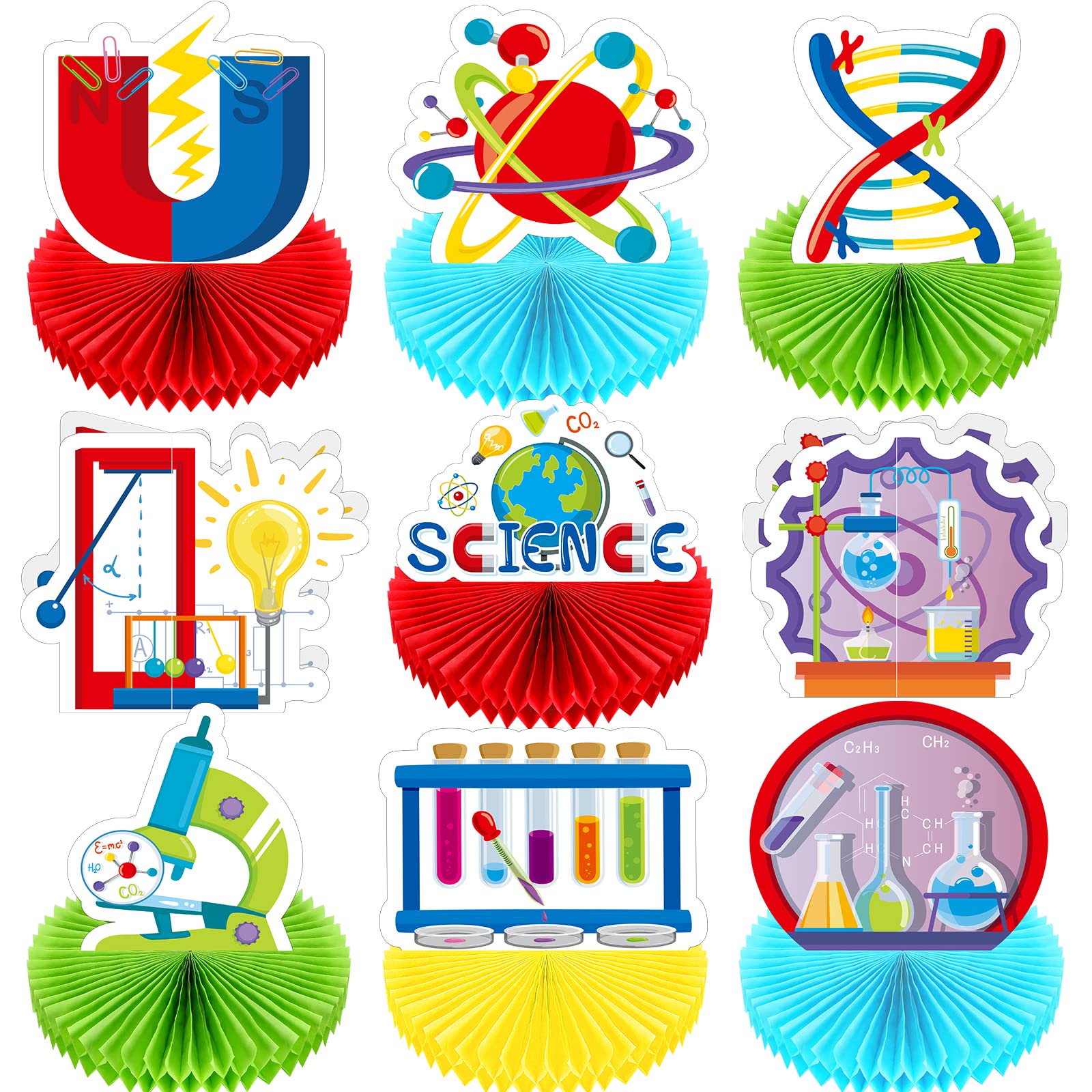 Epakh 9-Piece Science Party Decorations Kit - 3D Honeycomb Centerpieces & Table Toppers for Science Lab Themed Parties, Chemistry Party Supplies, Lab Week Decorations - Perfect for Birthday Celebrations, Classroom Activities & STEM Events