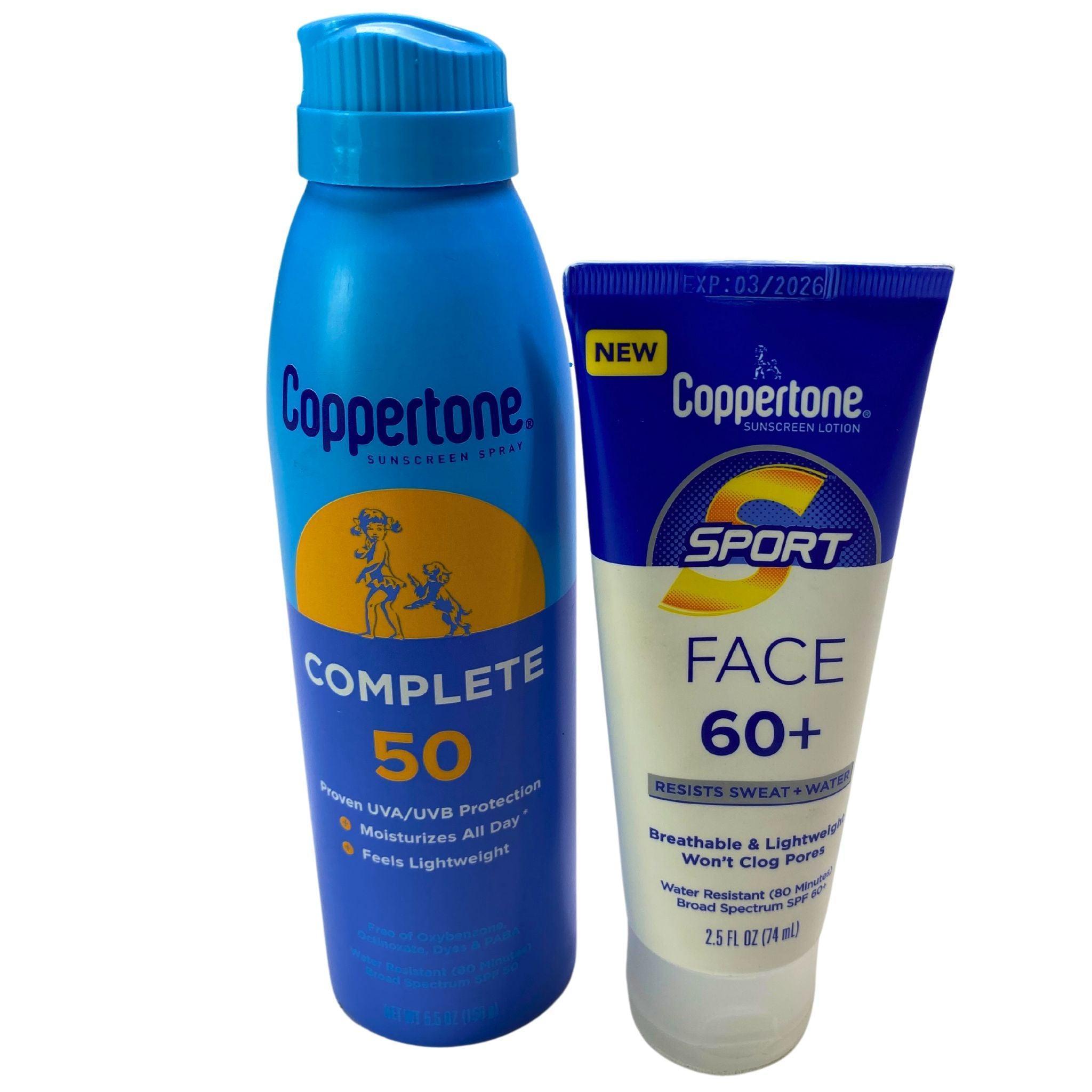 Coppertone Complete 50 SPF Sunscreen Spray 5.5 oz & Coppertone Sport Face SPF 60 Sunscreen Lotion 2.5 oz - 85 Piece Bulk Lot for Beach, Pool, Outdoor Activities & Travel