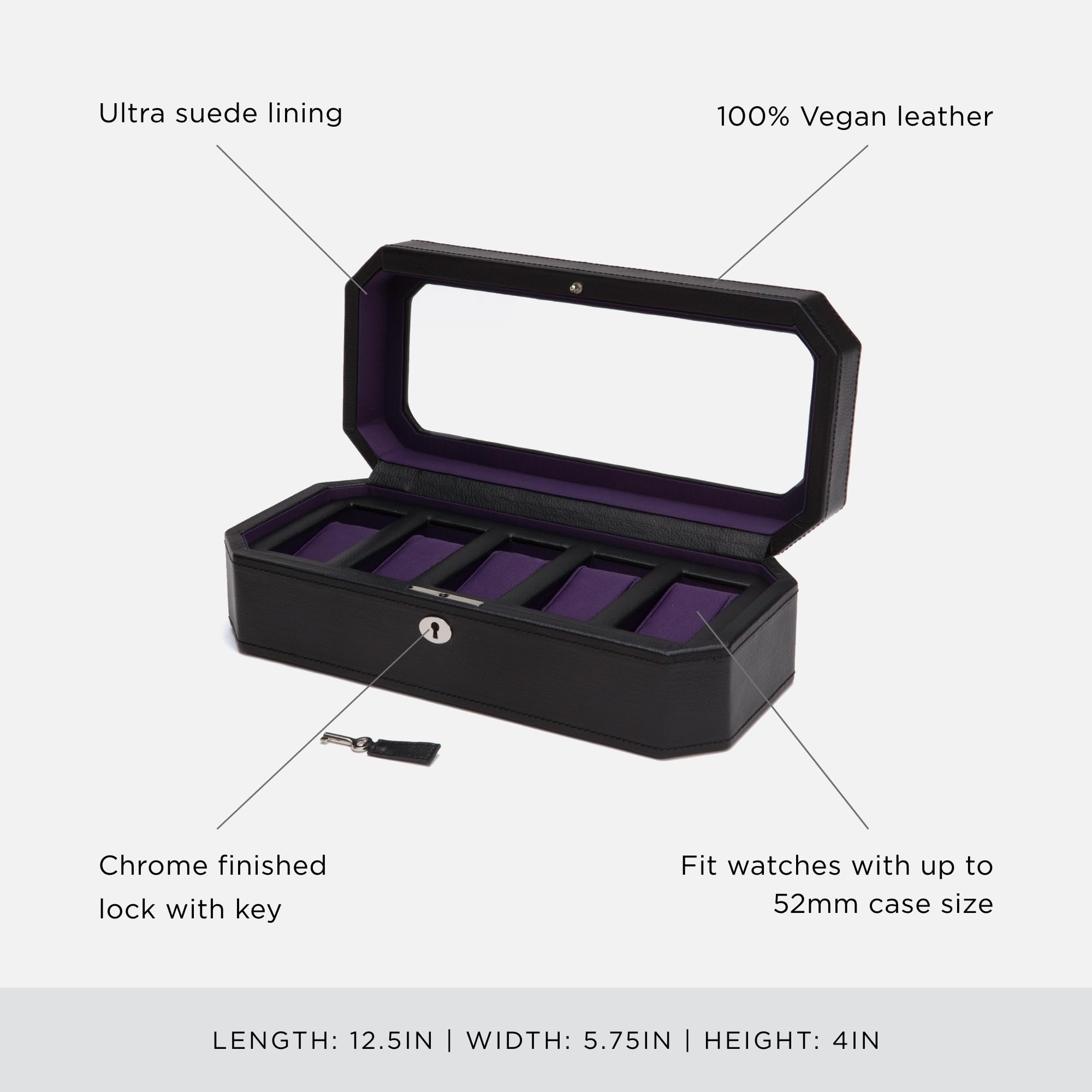 WOLF Windsor 5-Piece Watch Box with Vegan Leather Exterior - Luxury Black/Purple Watch Organizer with 5 Watch Compartments - Perfect for Watch Storage, Display & Travel Accessories