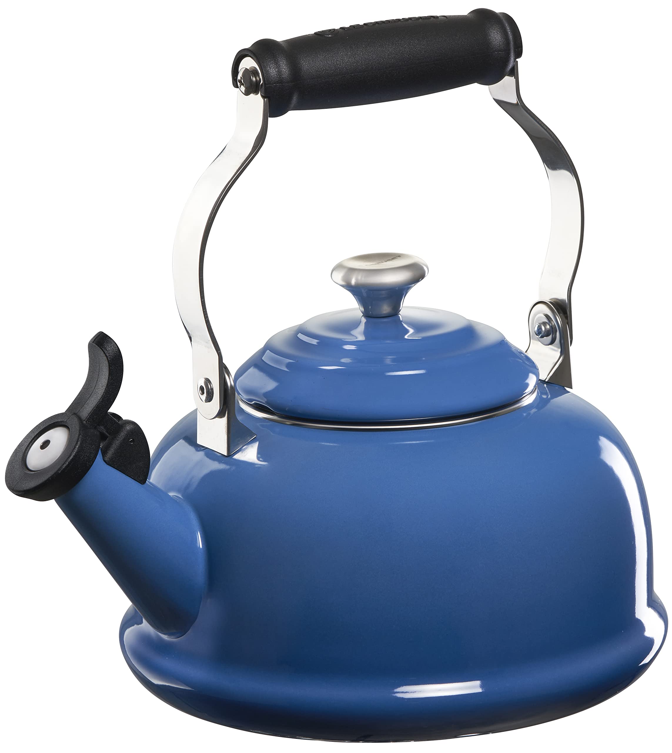 Le Creuset Enameled Steel Whistling Tea Kettle 1.7 Quart - Classic Marseille Blue with Metal Handle - Perfect for Stovetop Brewing & Kitchen Decor