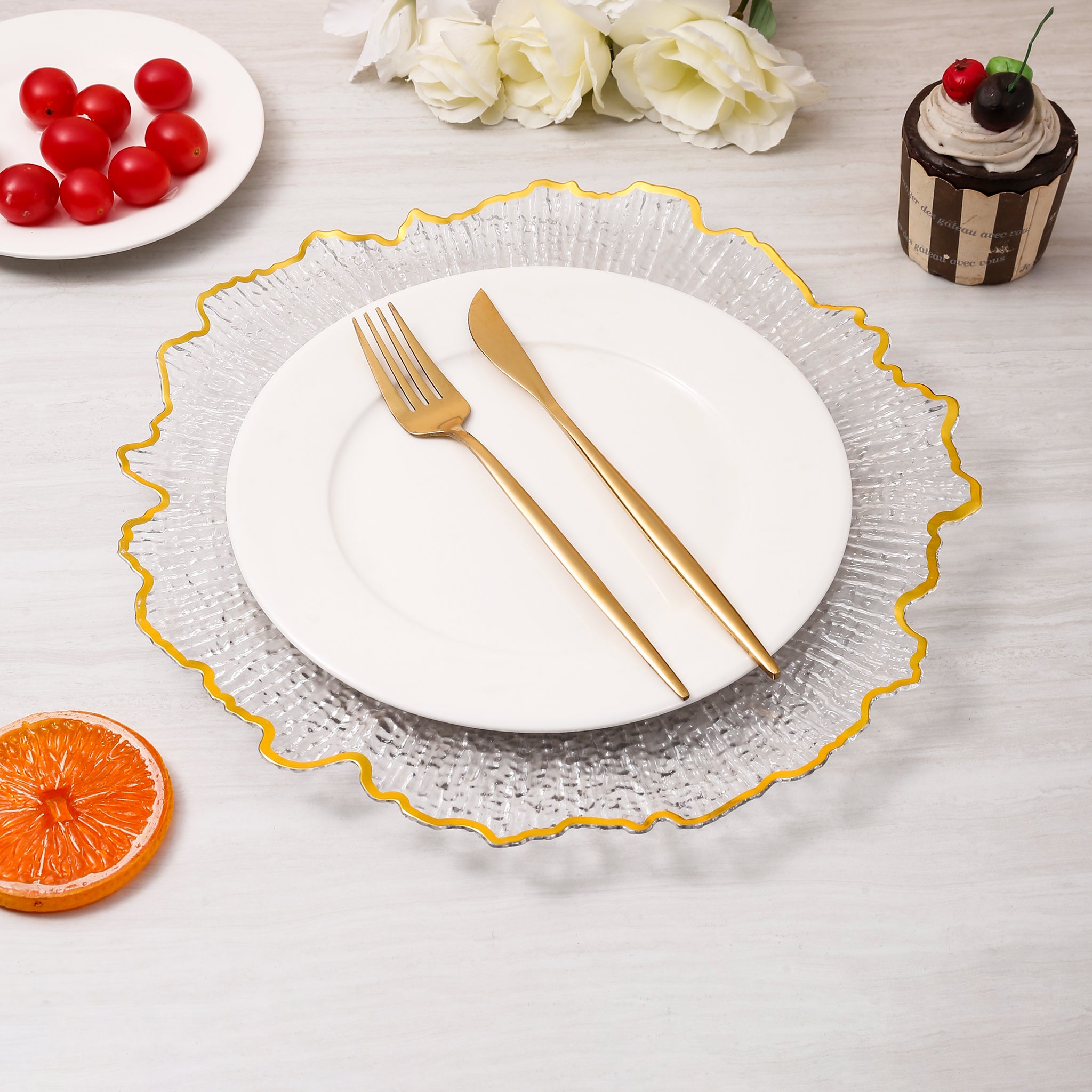 Reef Acrylic Charger Plate with Clear Gold Trim - Elegant Dinnerware for Weddings, Parties & Formal Dining | Premium Acrylic Serving Platter for Special Occasions
