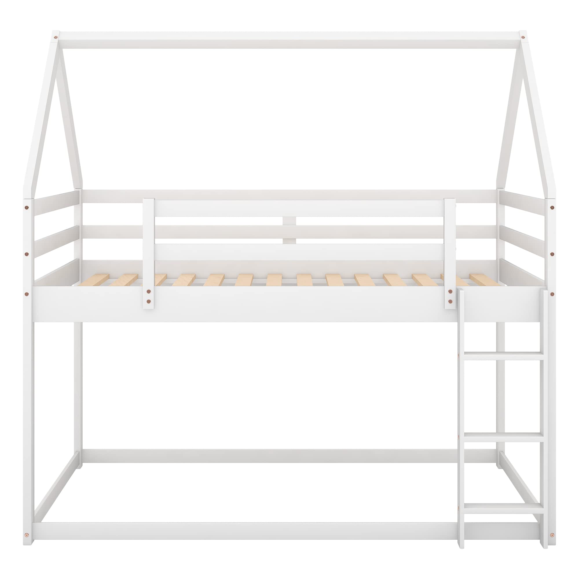 Bellemave Twin Over Twin Kids Bunk Bed with Ladder & Guardrails - Solid Wood Low Profile Floor Bunk Bed for Boys & Girls - Space Saving Twin Size Bunk Bed for Small Rooms, Dorms, or Shared Kids Bedrooms - White