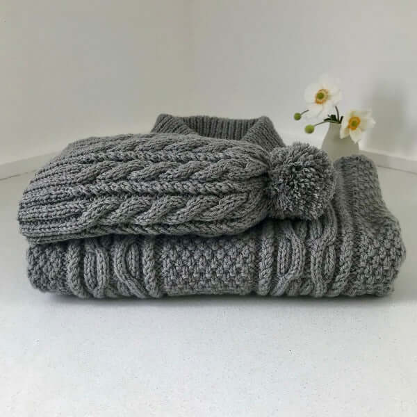 Warm Aran Jumper & Cable Knit Hat Set - Soft Wool Sweater & Beanie for Men & Women - Perfect for Winter, Fall & Outdoor Activities