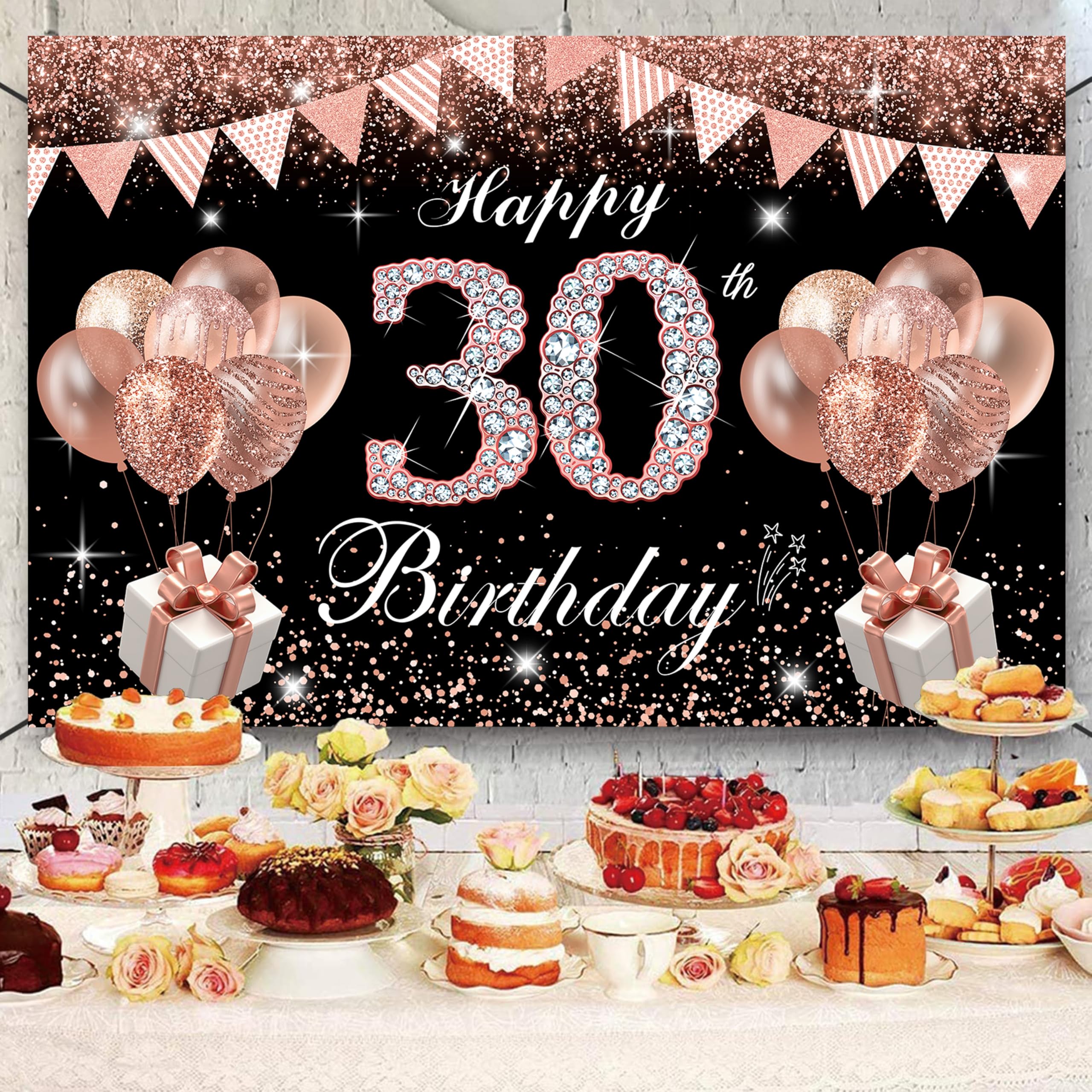 Black Rose Gold 'Cheers to 30 Years' Banner - Happy 30th Birthday Backdrop Decorations for Women, 1995 Hanging Swirls, Paper Poms & Honeycomb Centerpiece | 30th Birthday Party Supplies | Perfect for Milestone Celebrations, Photo Backdrops & Themed Decor