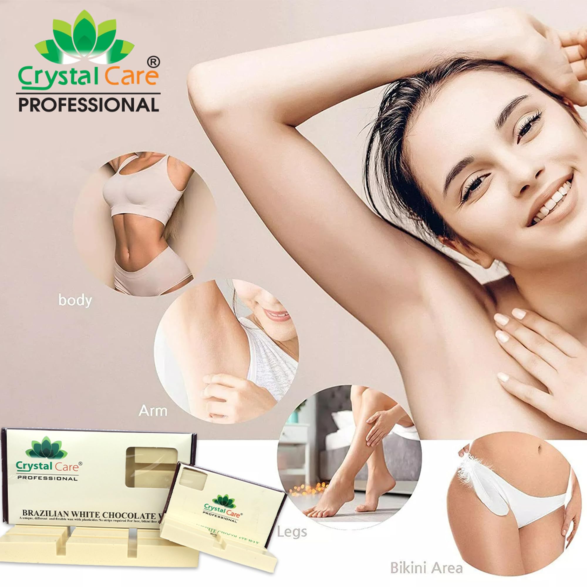 CRYSTAL CARE Brazilian White Chocolate Wax - No Strips Hair Removal Wax for Face, Bikini, Underarms | 100g Gentle Depilatory Wax with Chocolate Scent | Sensitive Skin Friendly | At-Home Salon Waxing Kit (2 Pack) - Perfect for DIY Beauty & Spa Nights