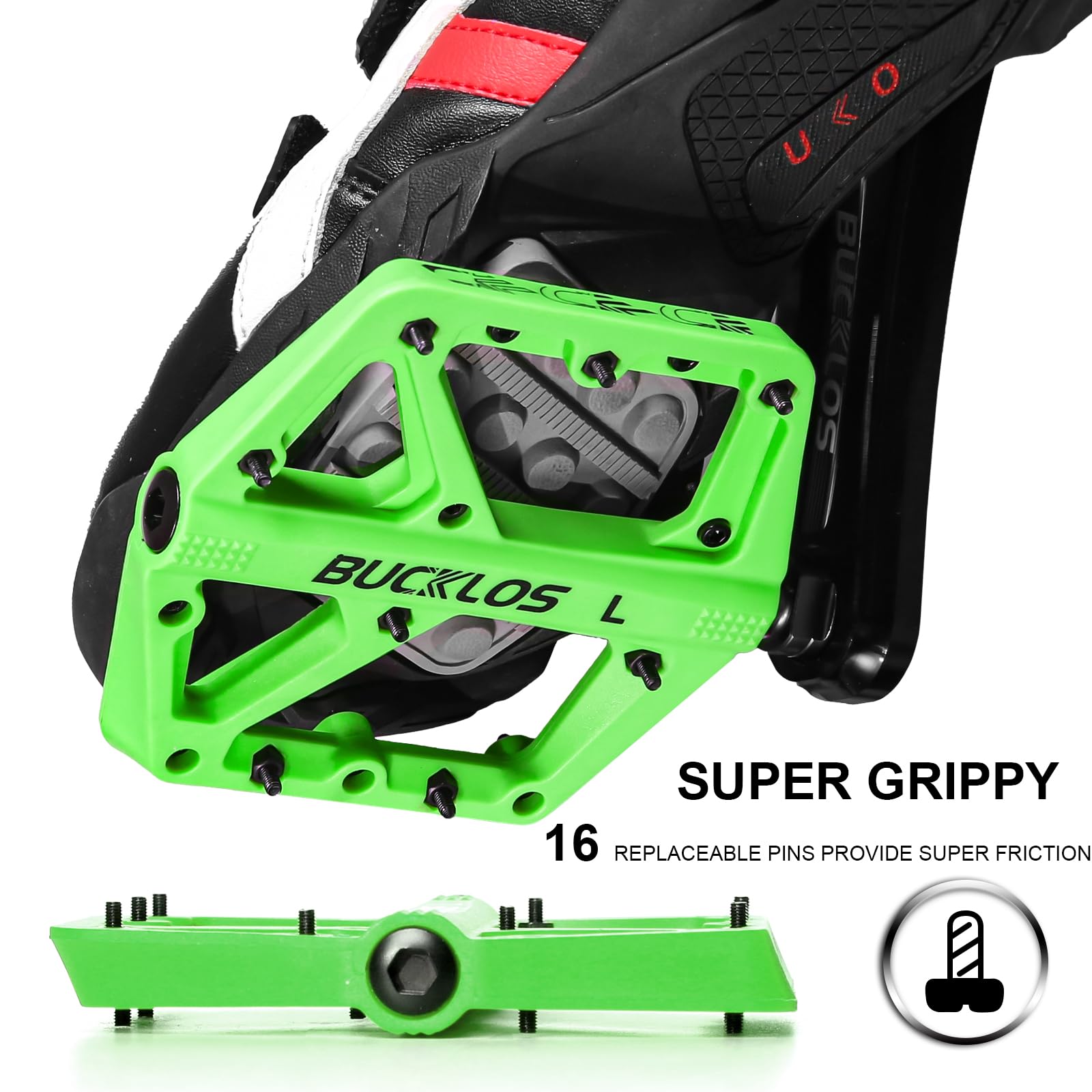 BUCKLOS MTB Pedals - Non-Slip Large Platform Mountain Bike Pedals for Adults, 9/16
