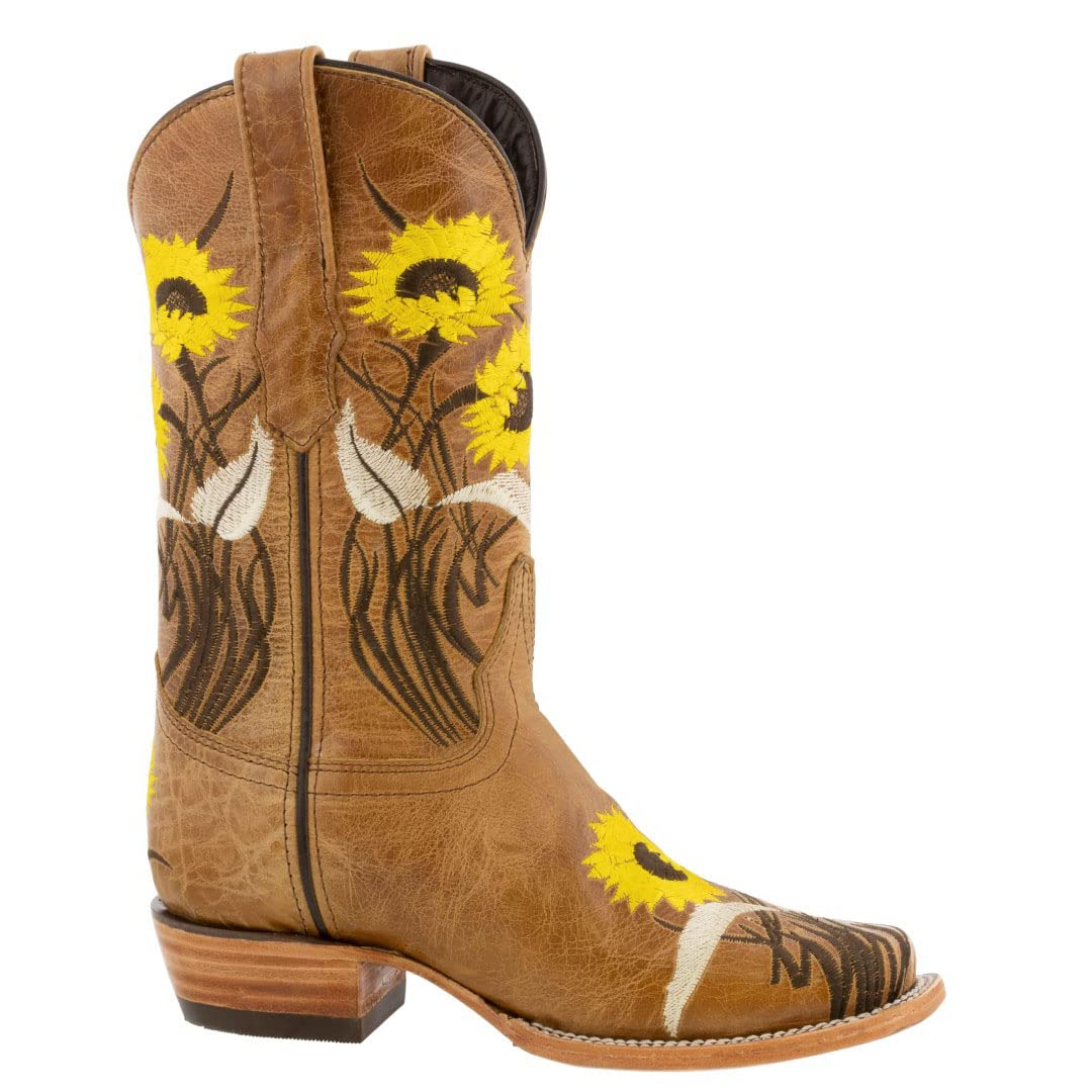 Texas Legacy Women's Honey Brown Western Boots - Sunflower Embroidered Leather Square Toe Cowgirl Boots for Country Dancing & Rodeo Events