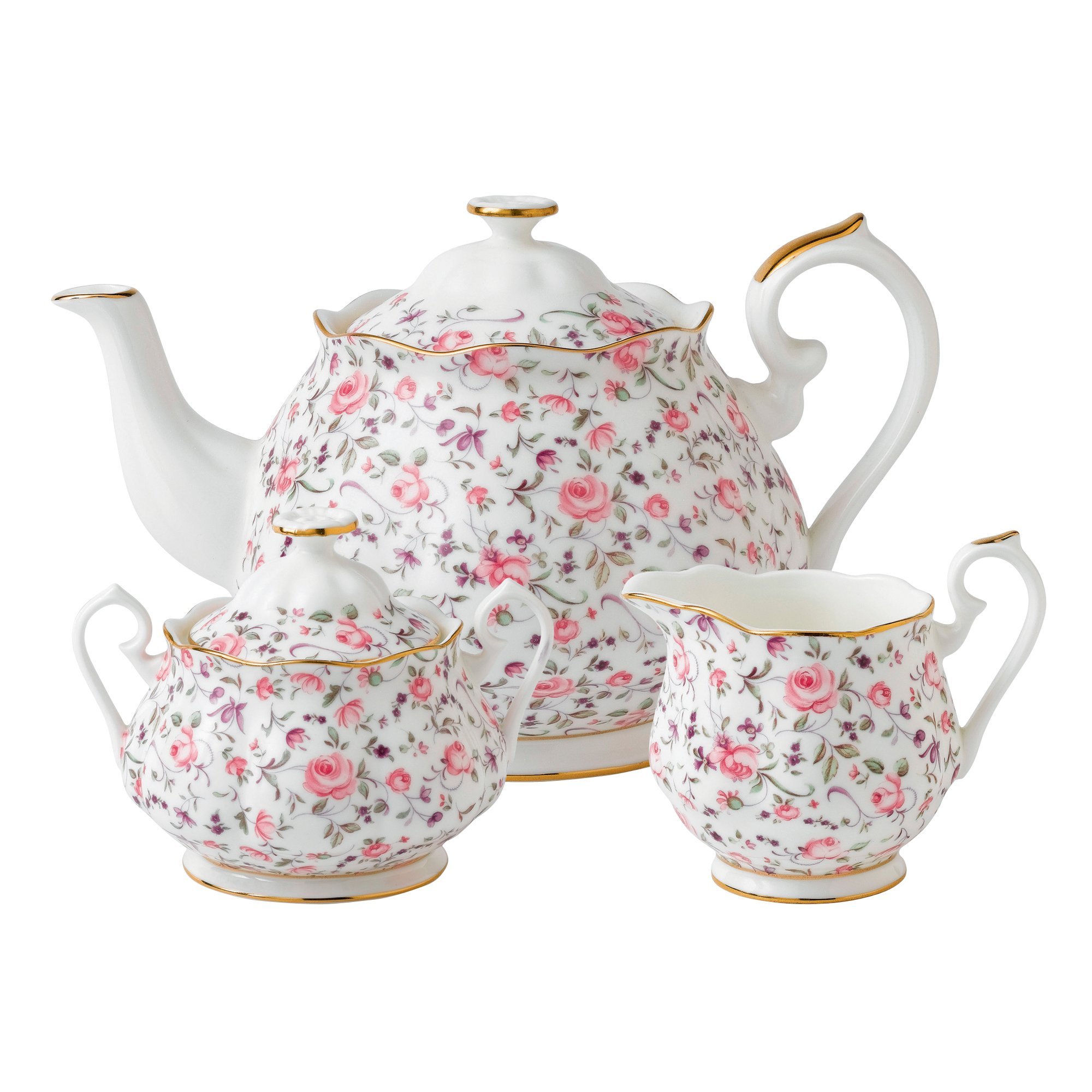 Royal Albert Rose Confetti 3-Piece Tea Set - Elegant Teapot, Sugar Bowl & Creamer for Afternoon Tea, Bridal Shower & Vintage Home Decor