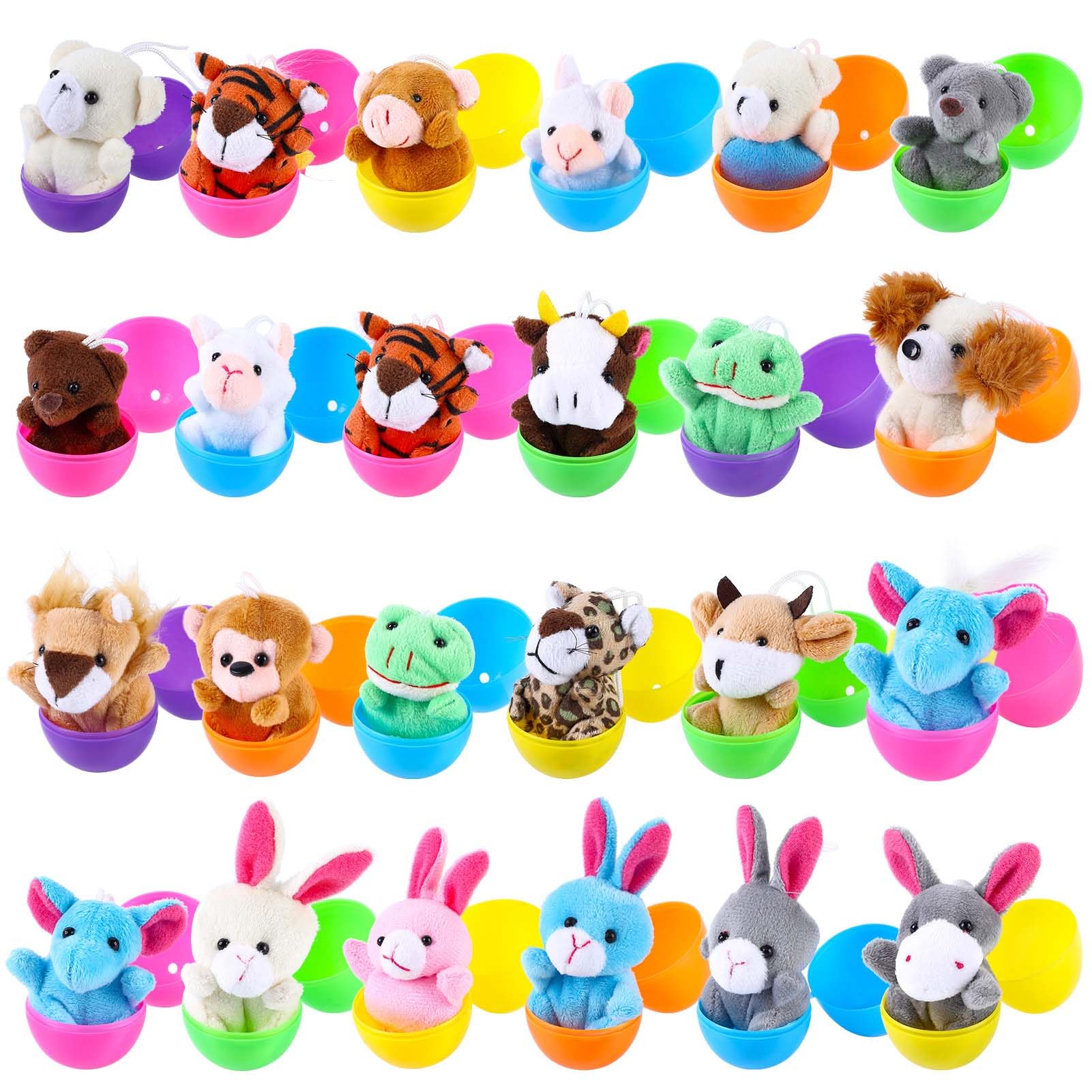 24 Pack Easter Eggs with Mini Plush Animals - Stuffed Toys for Kids, Easter Basket Stuffers & Fillers, Easter Egg Hunt Prizes, Party Favors - Perfect for Easter Celebrations, Classroom Rewards & Birthday Party Gifts