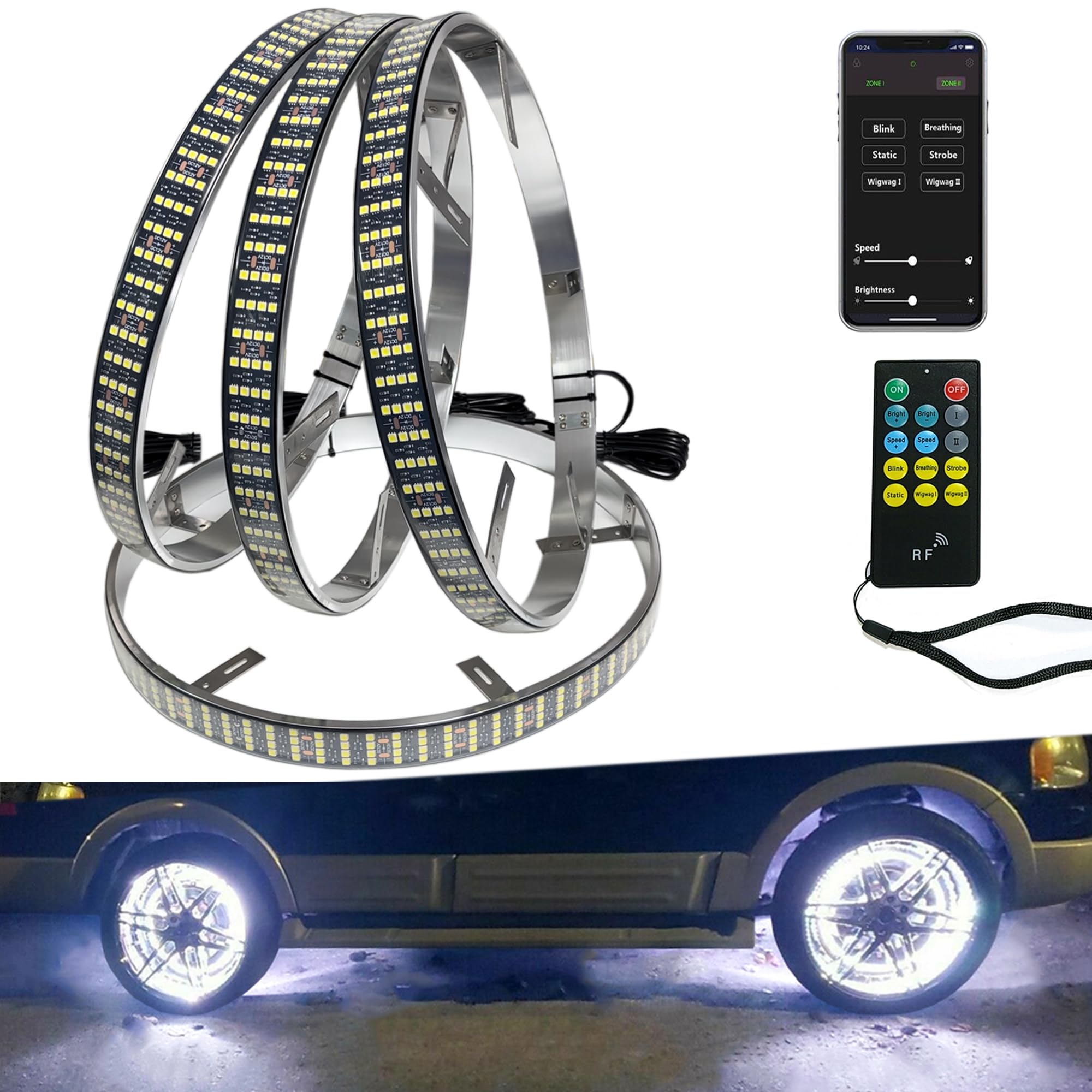 17in Quad Row White LED Wheel Ring Lights with App & RF Remote Control - 1248 LEDs, Waterproof IP68, Pure White Rim Lights for Trucks, Cars, SUVs, Pickups - Perfect for Off-Roading, Car Shows & Night Driving
