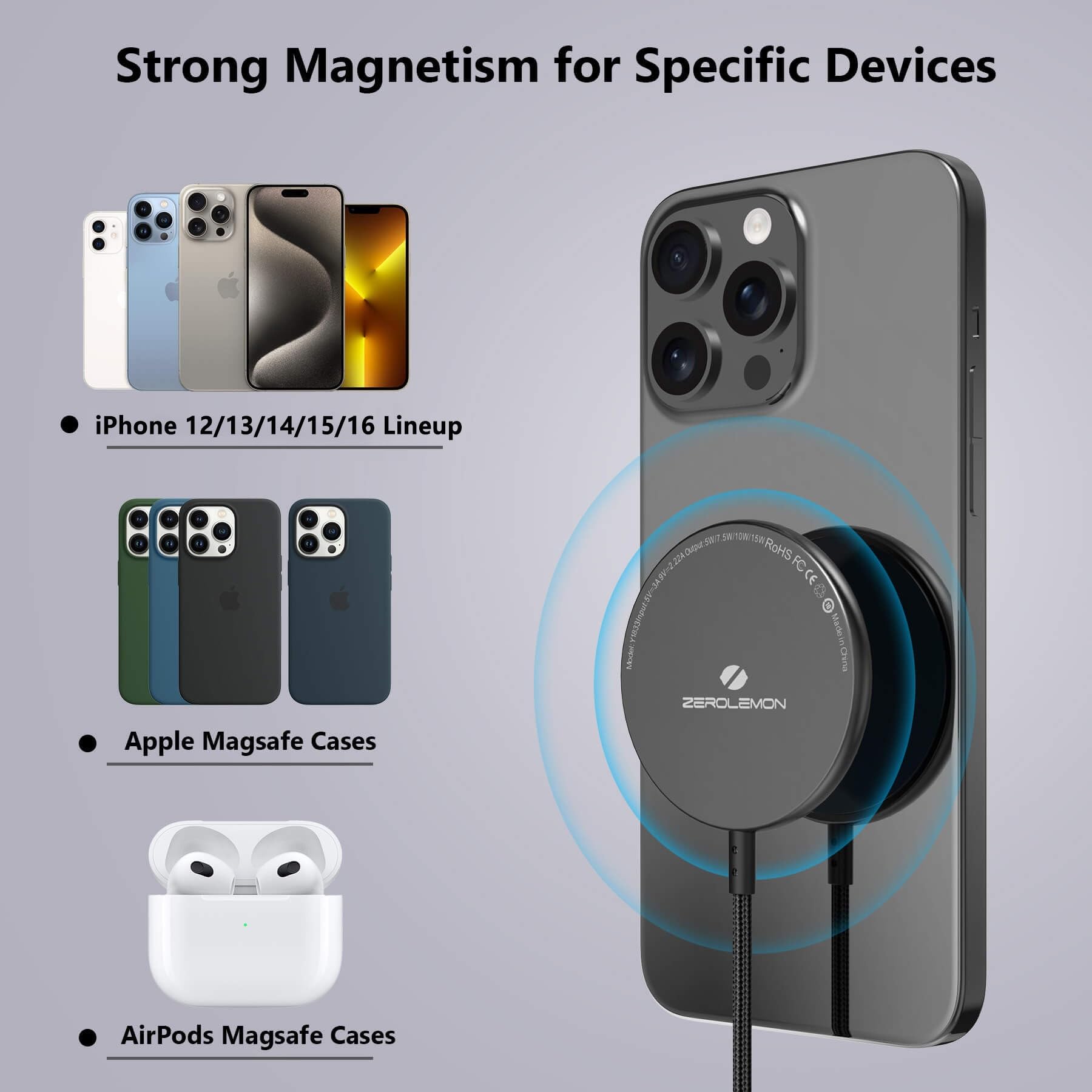 ZeroLemon 10ft Magnetic Wireless Charger - Magsafe Compatible Fast Charging Pad with Extra Long Braided Cable for iPhone 16 Pro Max/16/15/14/13/12 Series & AirPods (Black) | Perfect for Bedside, Office & Car Charging