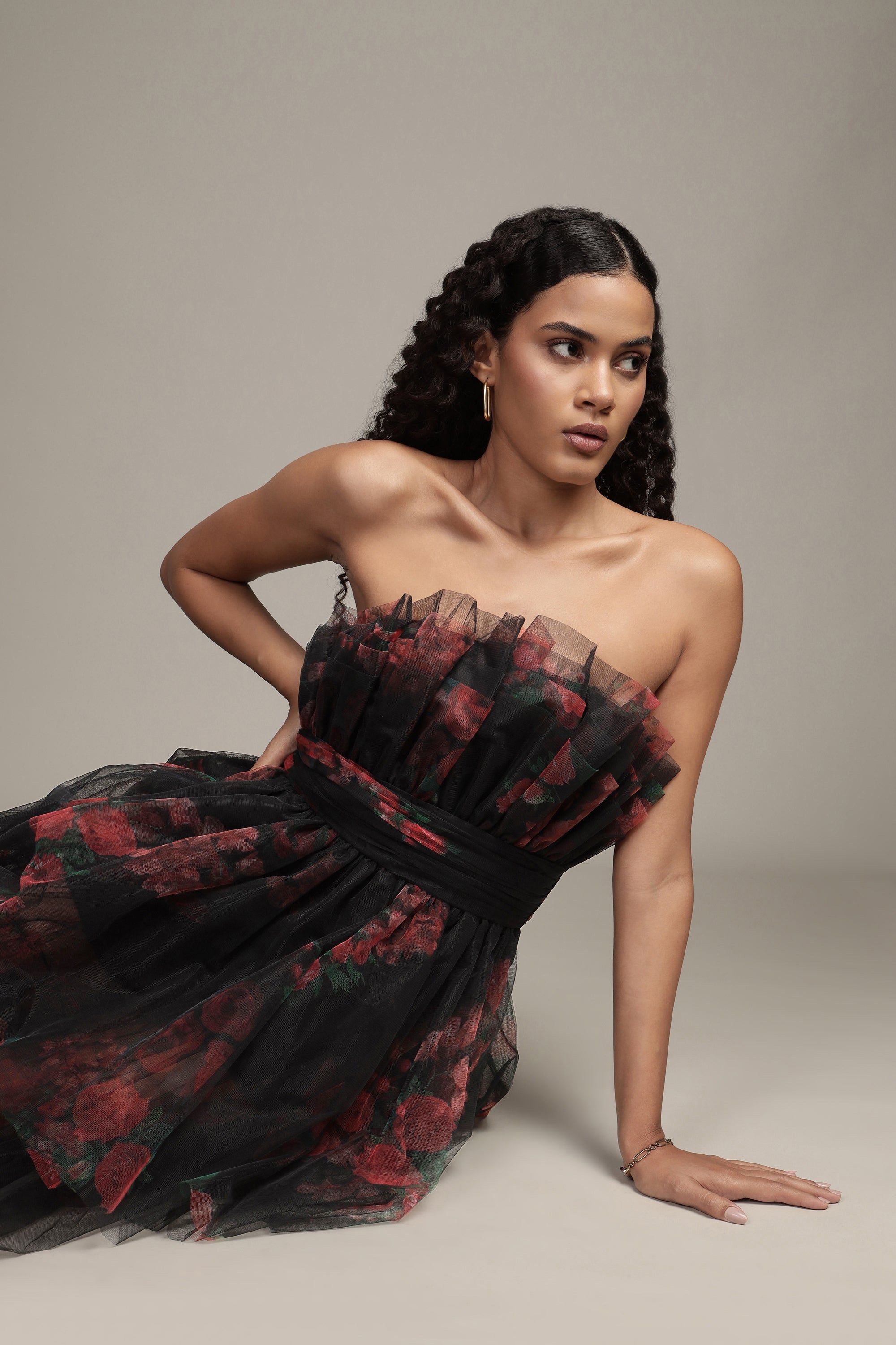Natalia Black and Red Floral Tulle Maxi Dress for Women - Elegant Evening Gown for Weddings, Parties & Special Occasions