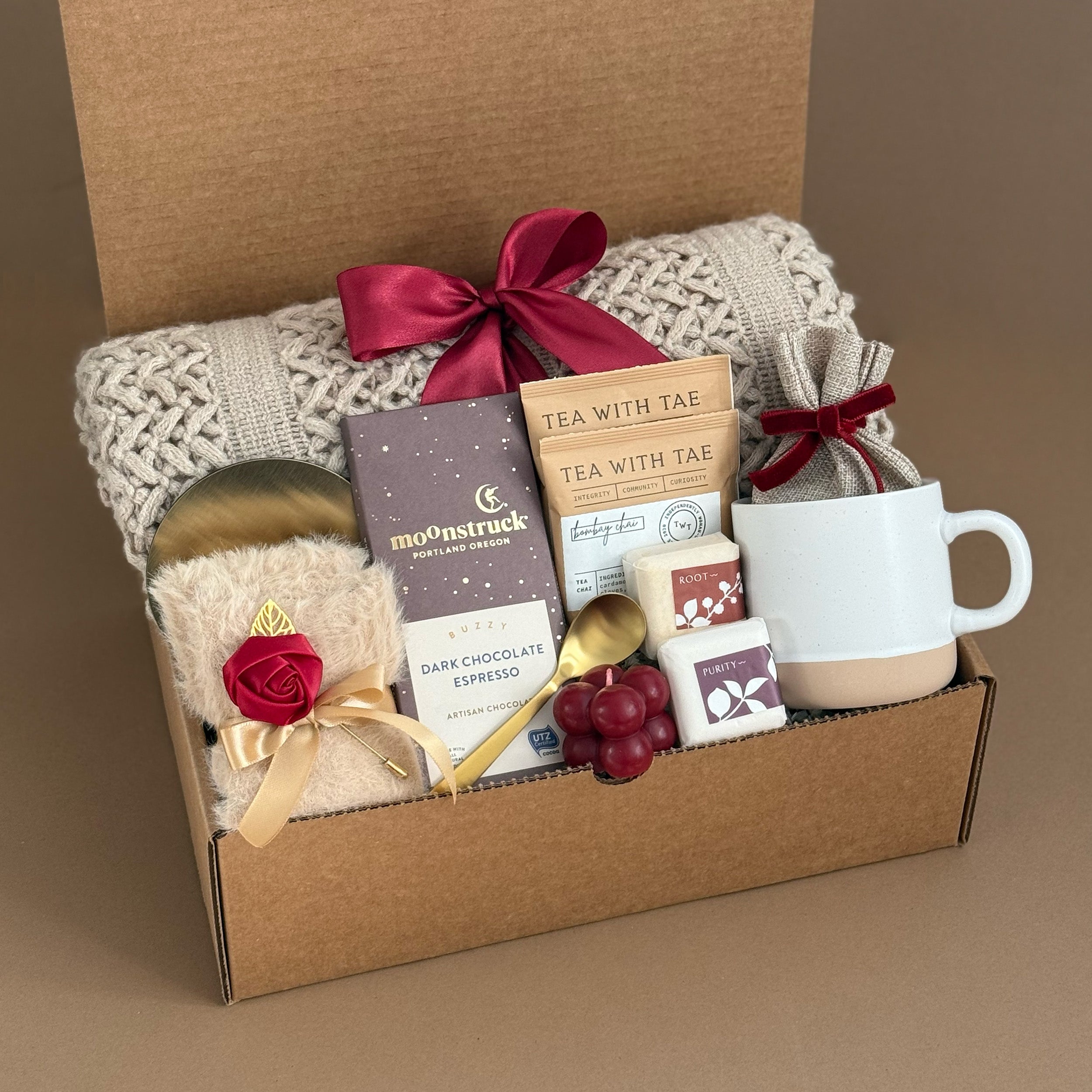 Premium Artisanal Tea & Chocolate Gift Box - Moonstruck Chocolates, Tea with Tae & Ceramic Mug | Luxury Self-Care Package for Relaxation, Gifts & Spa Nights