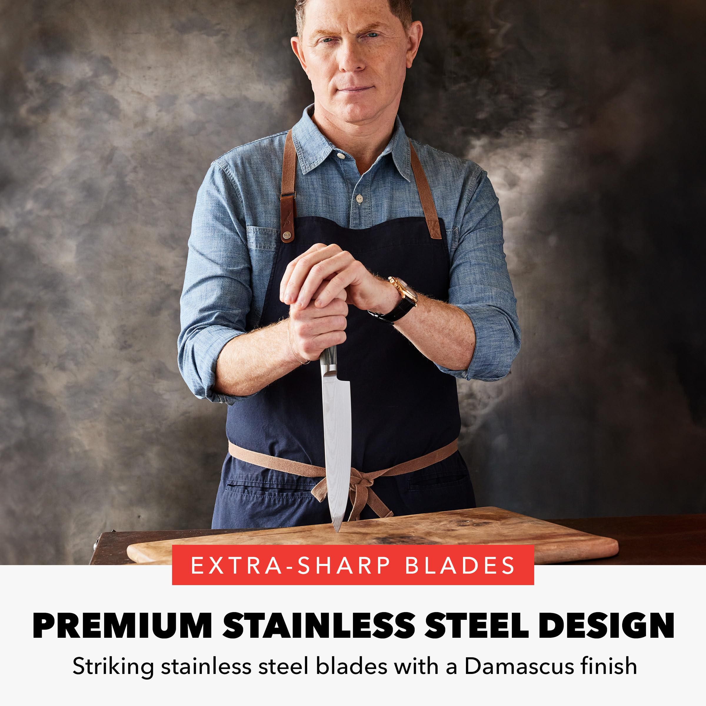 GreenPan x Bobby Flay 13-Piece Stainless Steel Knife Set with Acacia Wood Block - Premium Damascus Steel Kitchen Knives for Professional Chefs & Home Cooking - Perfect for Slicing, Dicing, and Food Prep