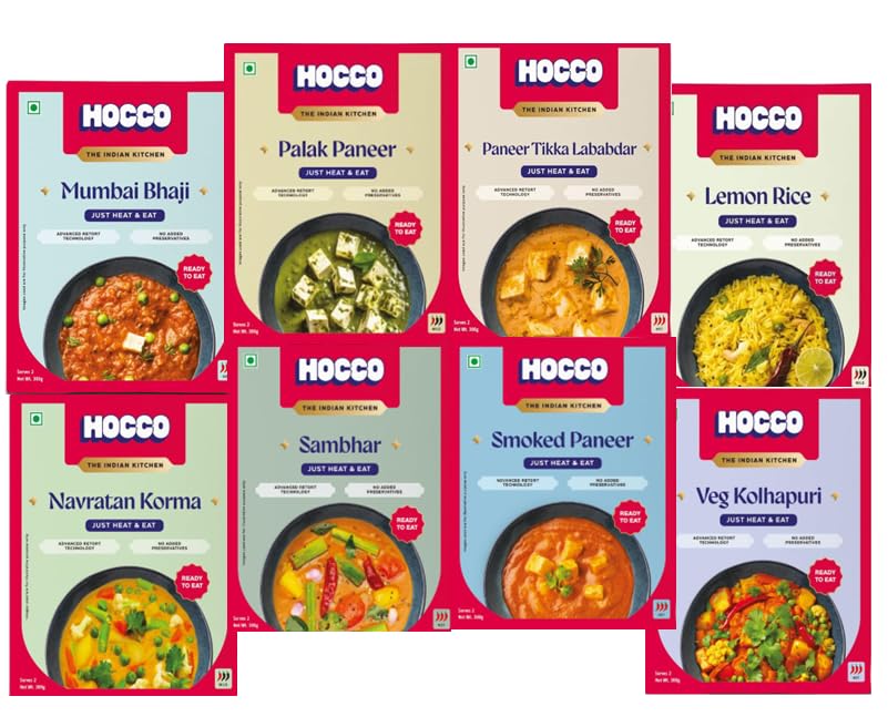 HOCCO Ready to Eat Indian Food Variety Combo Pack - 8 Authentic Dishes (16 Servings) | Smoked Paneer, Paneer Tikka, Sambar, Masala Curry | North & South Indian Cuisine | No Preservatives | Perfect for Quick Meals, Office Lunches & Indian Food Lovers