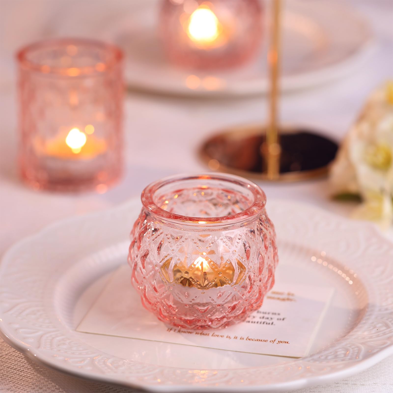 24-Pack Pink Glass Votive Candle Holders - Round Flameless LED Tea Light Holders for Weddings, Parties, Home Decor - Perfect for Romantic Centerpieces, Table Settings & Holiday Decorations
