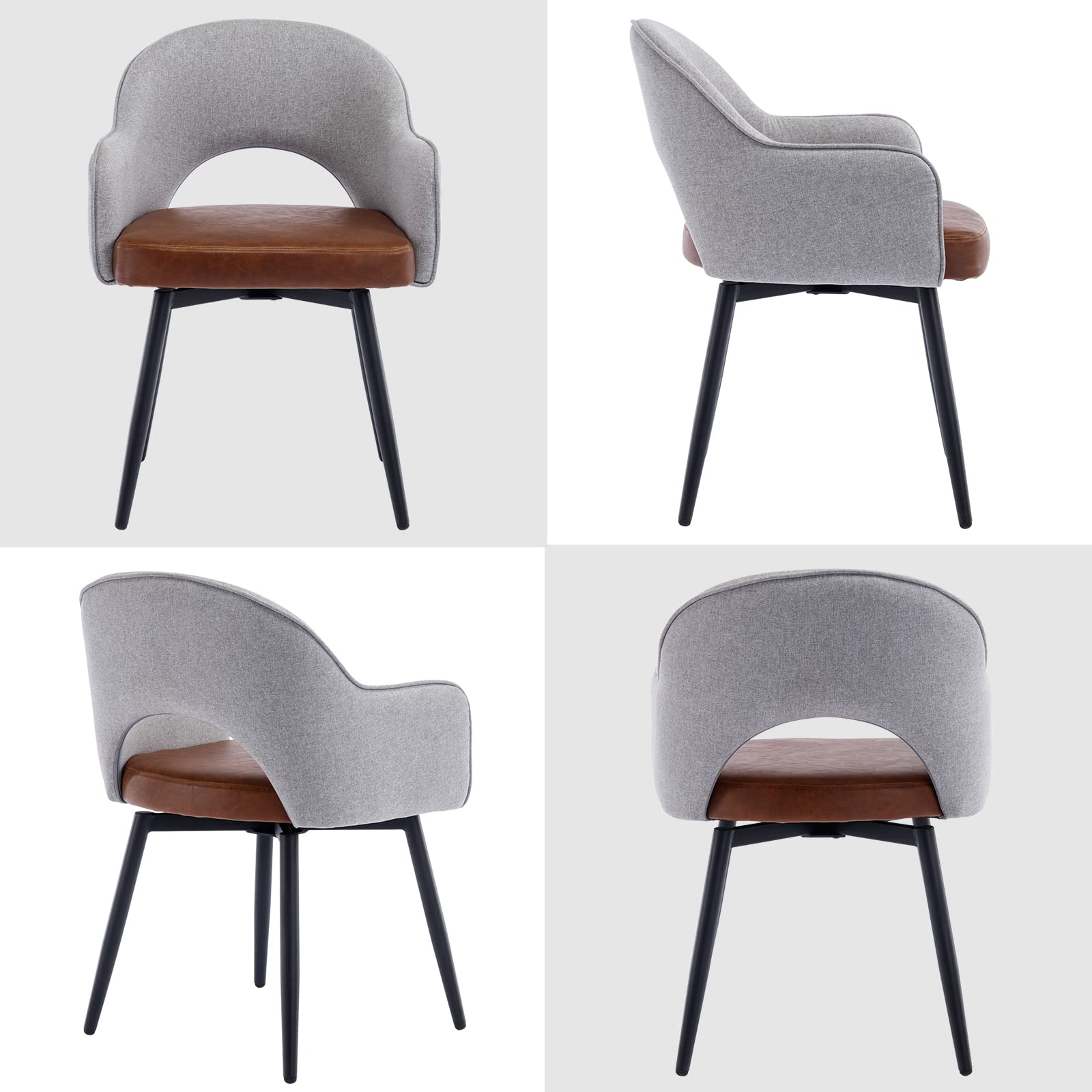 Modern Swivel Dining Chairs Set of 2 - Linen & Faux Leather Upholstered Accent Side Chairs for Home, Office & Living Room - No Wheels Desk Chair in Light Grey - Perfect for Dining Areas, Workstations & Lounge Spaces
