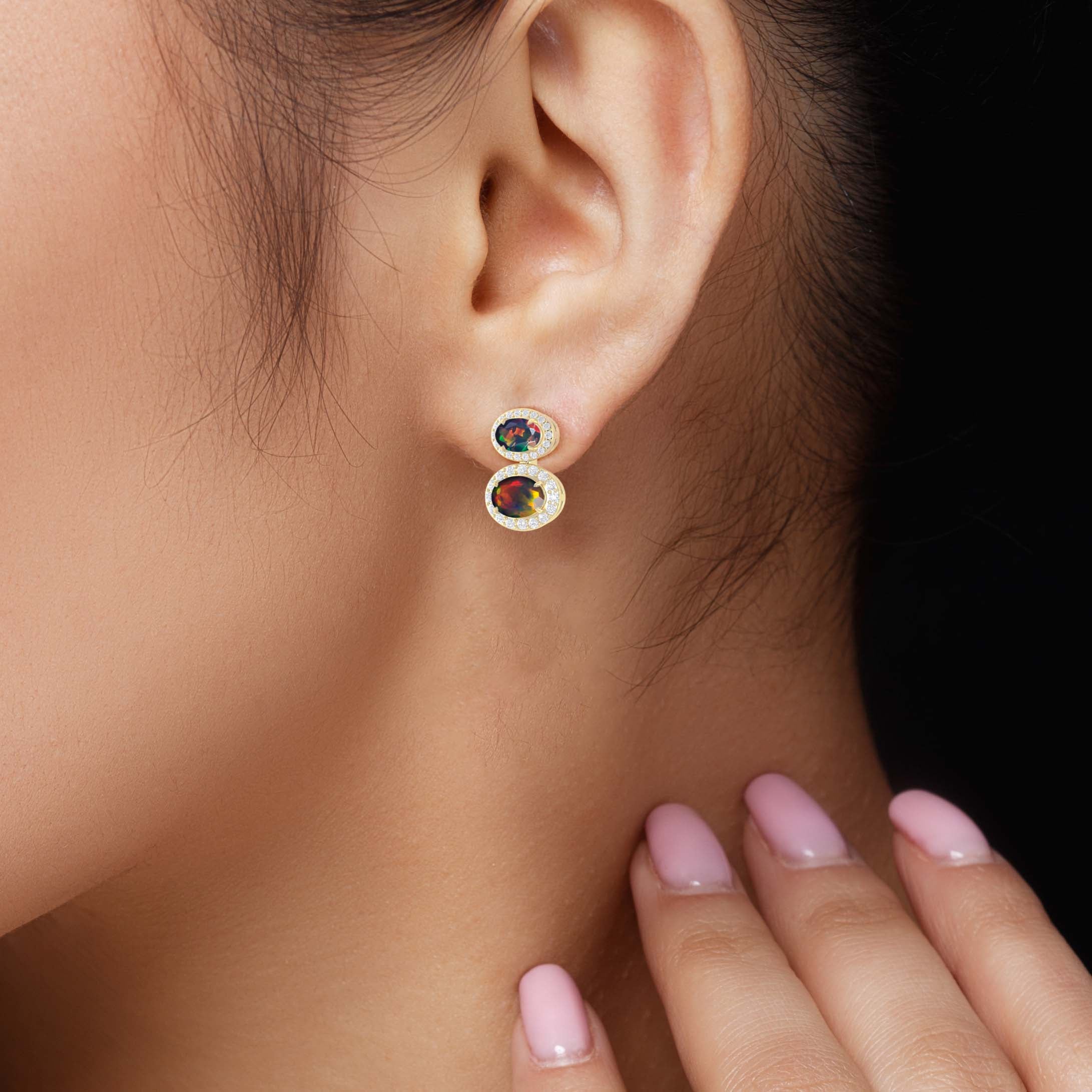 Natural Black Opal Dual Stone Halo Stud Earrings for Women – Genuine Opal Jewelry, 925 Sterling Silver, Elegant Gift for Birthday, Anniversary & Special Occasions