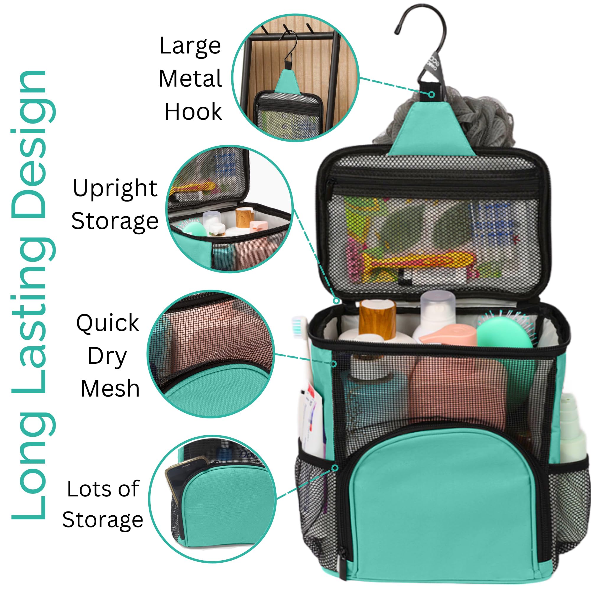 Portable Shower Caddy Organizer - Large Capacity Quick-Dry Water-Resistant Hanging Toiletry Bag with Metal Hook for College Dorms, Gym & Travel - Perfect for Bathroom Storage & Camping Trips (Aqua)